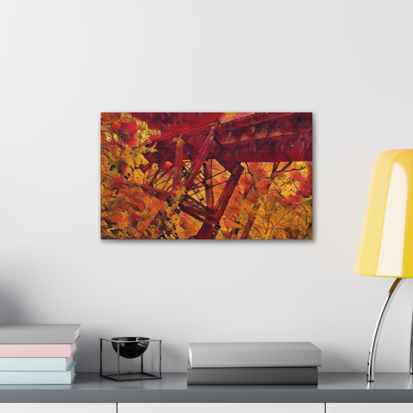 Vibrant Autumn Bridge Landscape Wall Decor