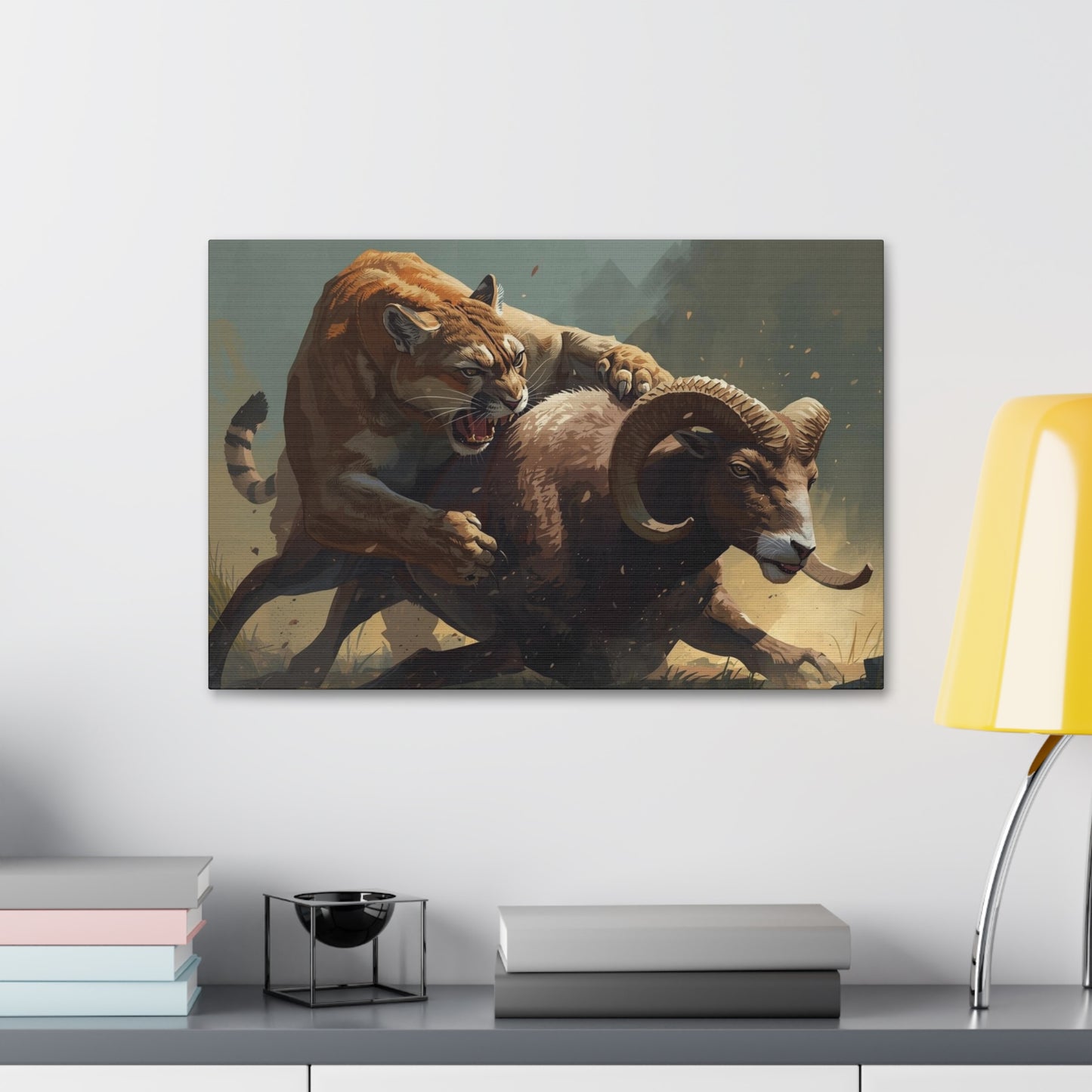 Canvas Art: Wildlife Mountain Lion vs Ram