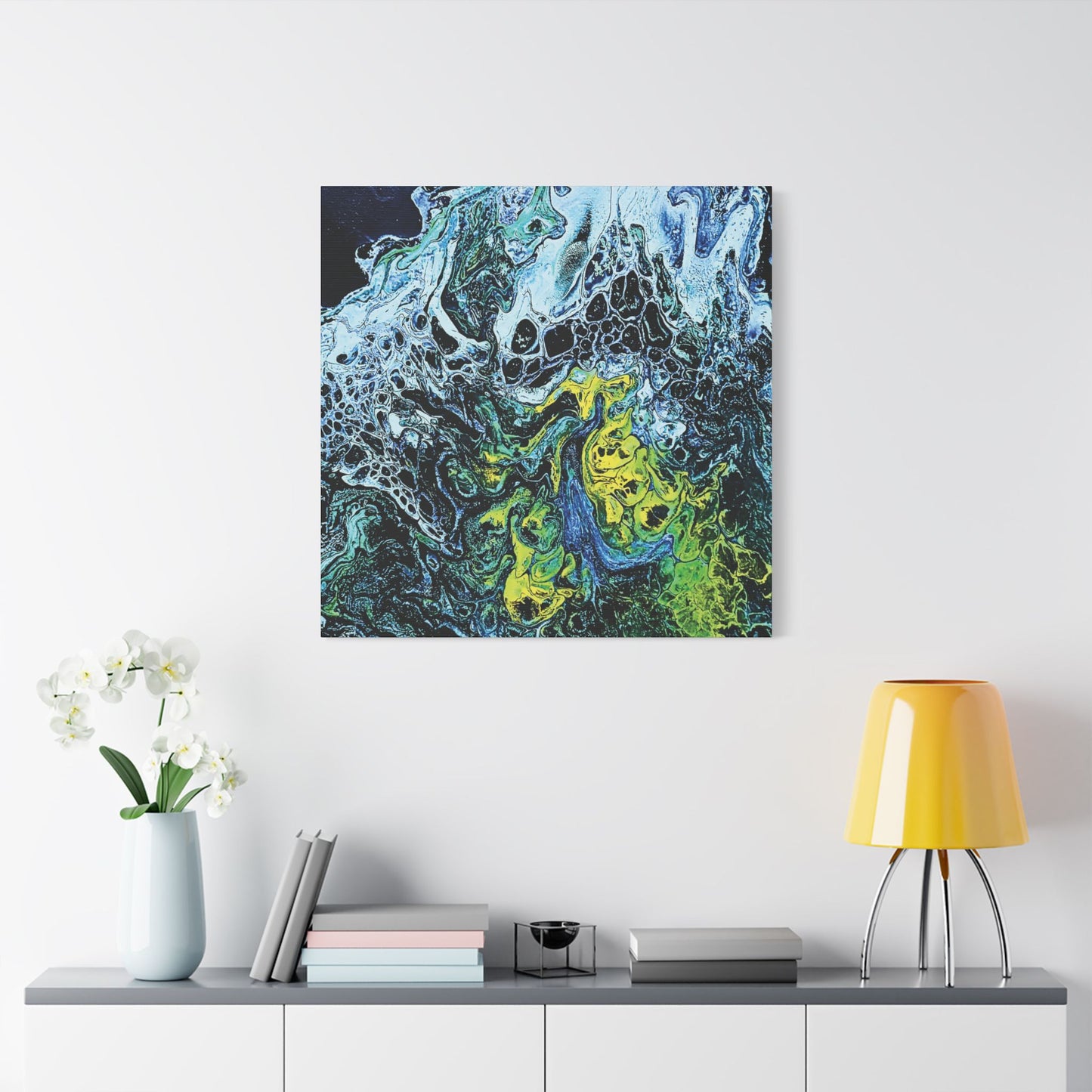 Hand Painted Abstract Ocean Fluid Art Print Satin Canvas Stretched | Blue Green Yellow