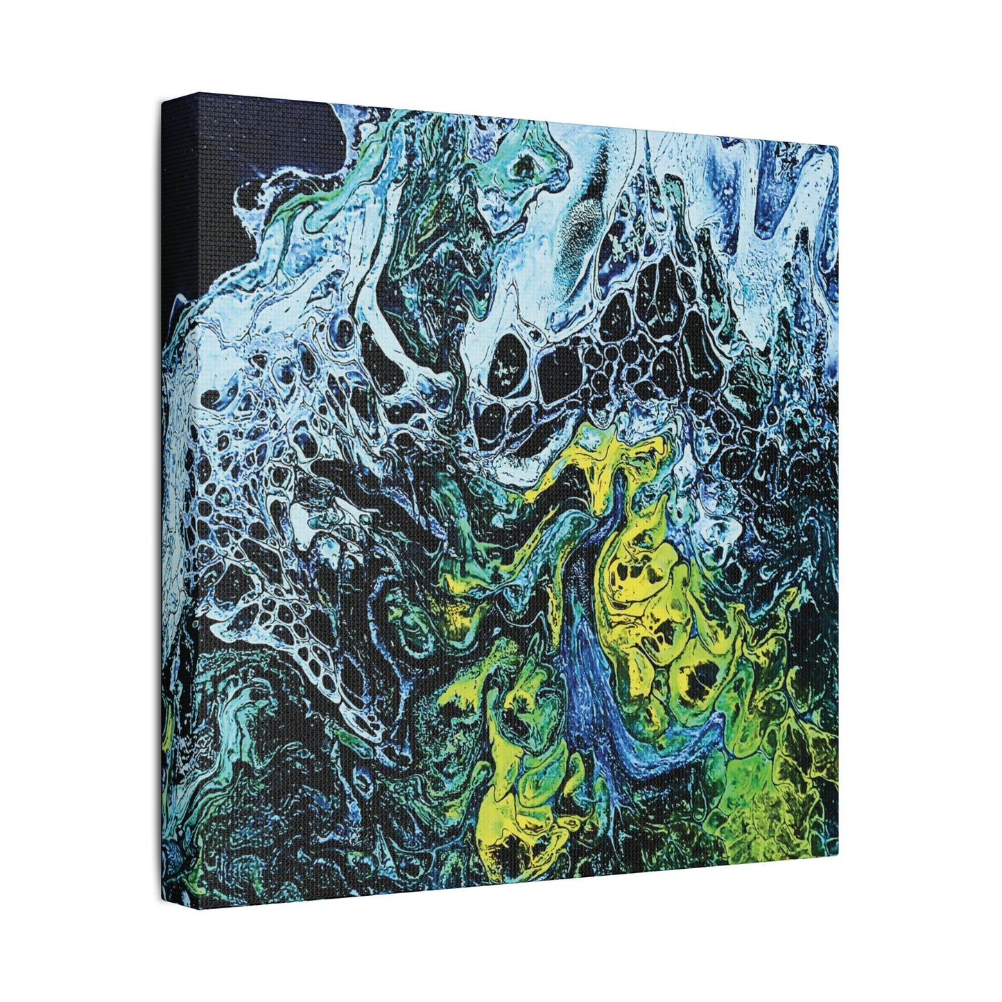 Hand Painted Abstract Ocean Fluid Art Print Satin Canvas Stretched | Blue Green Yellow