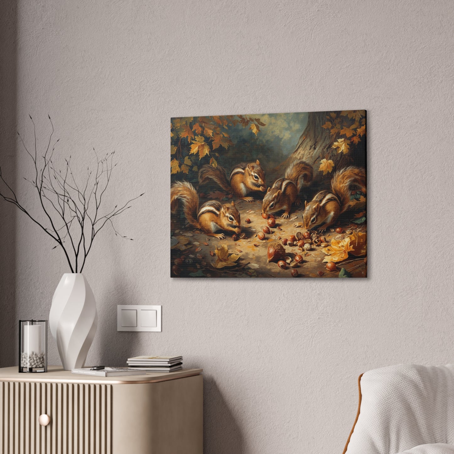 Canvas Wall Art, Chipmunks Gathering Acorns