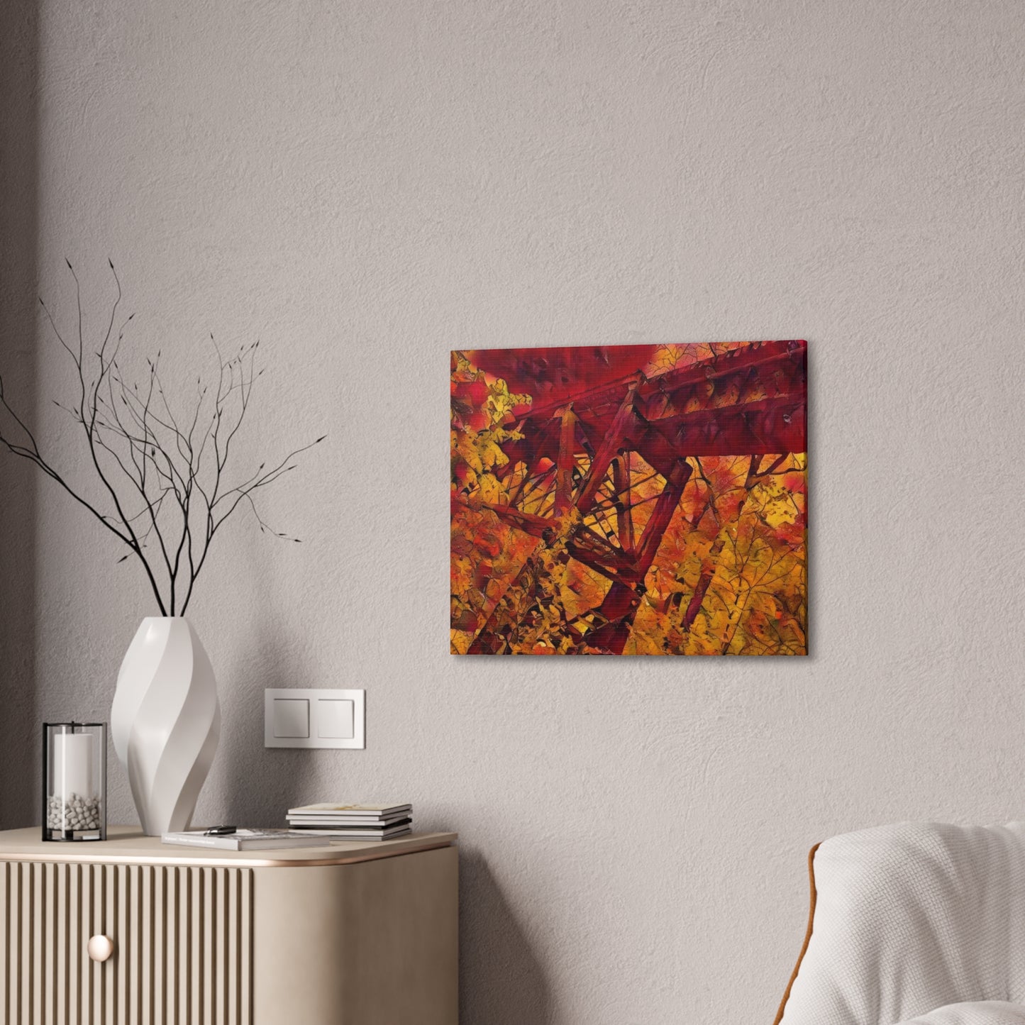 Vibrant Autumn Bridge Landscape Wall Decor