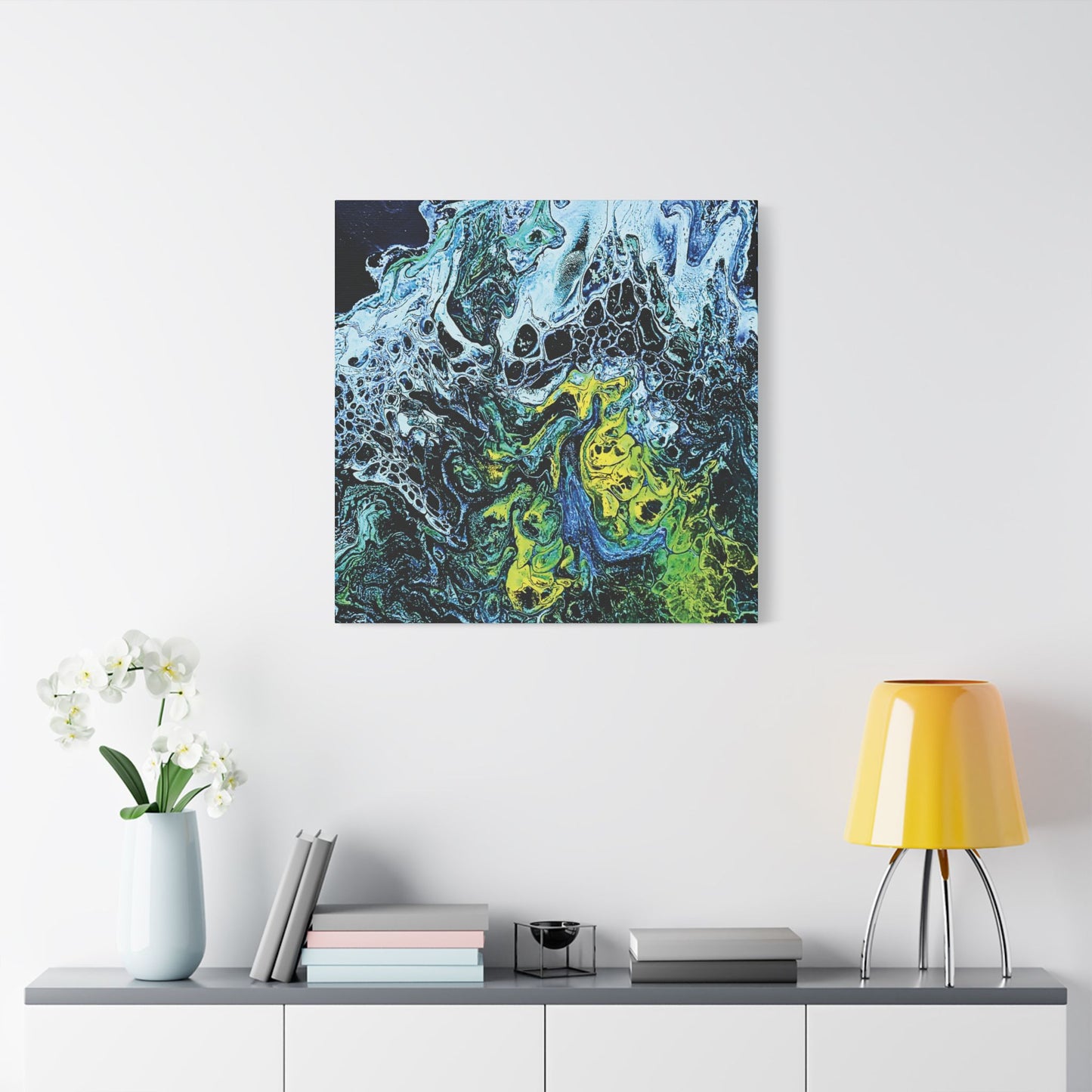 Hand Painted Abstract Ocean Fluid Art Print Satin Canvas Stretched | Blue Green Yellow