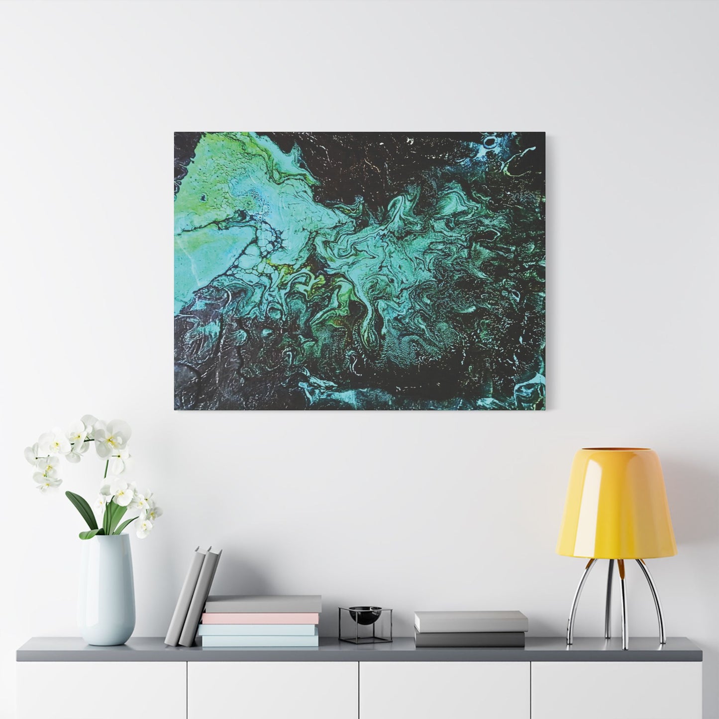 Hand Painted  "Turquoise Inception" Print Marble Abstract Satin Canvas Stretched | Fluid Art Wall Decor