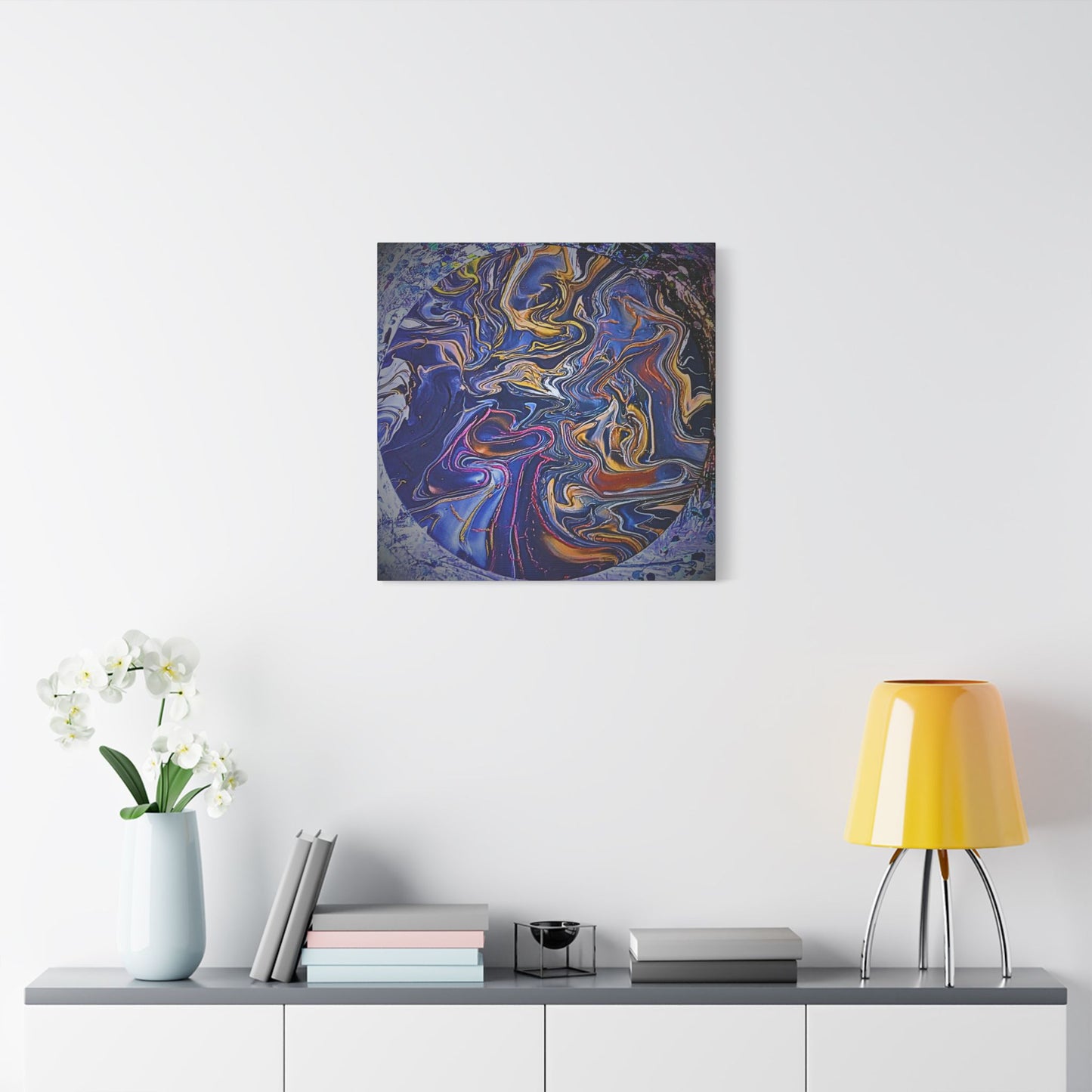 Abstract Blue Gold Swirl Satin Canvas Stretched Print | Fluid Art Wall Decor