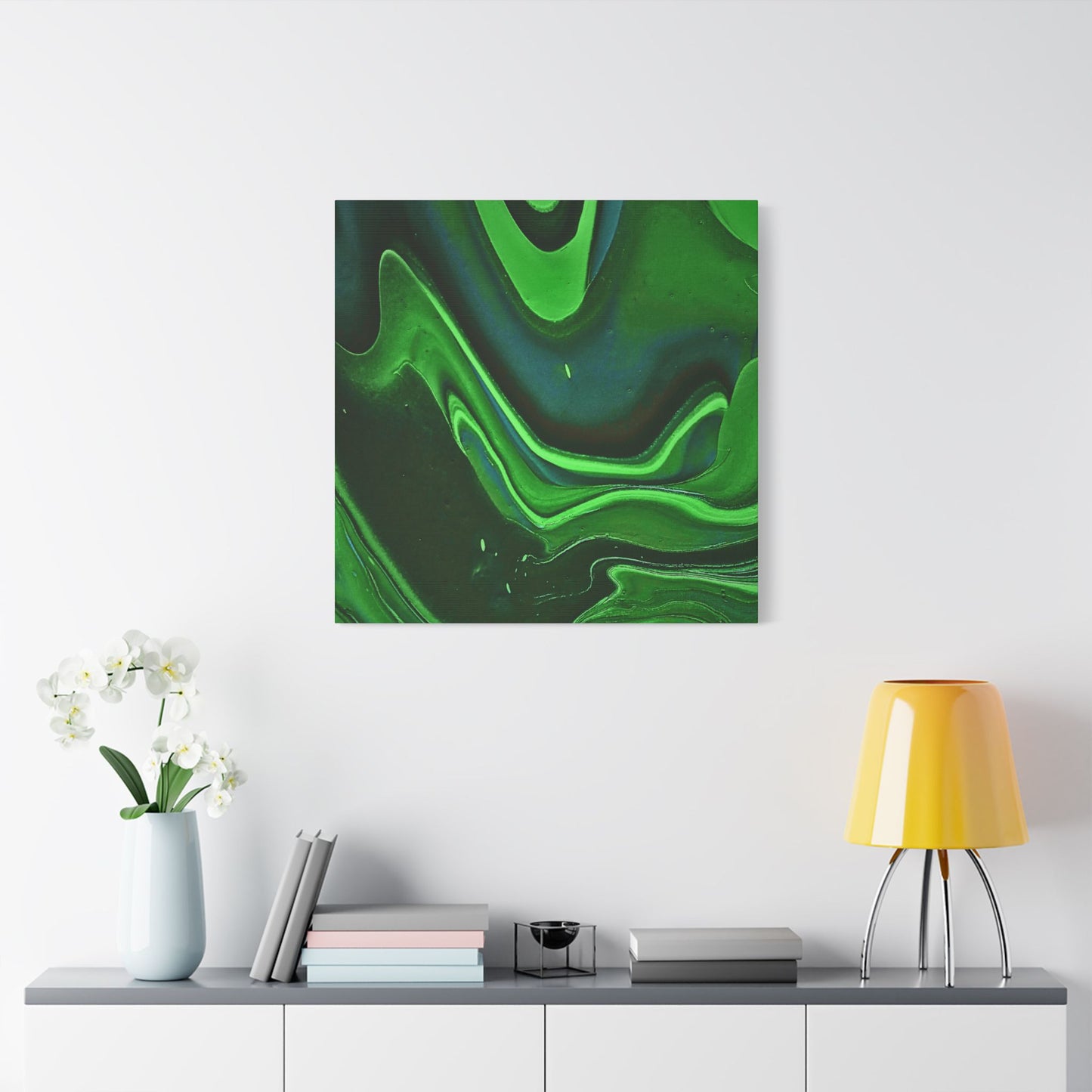 Hand Painted Abstract Green Fluid Art Satin Stretched Canvas Wall Art Print