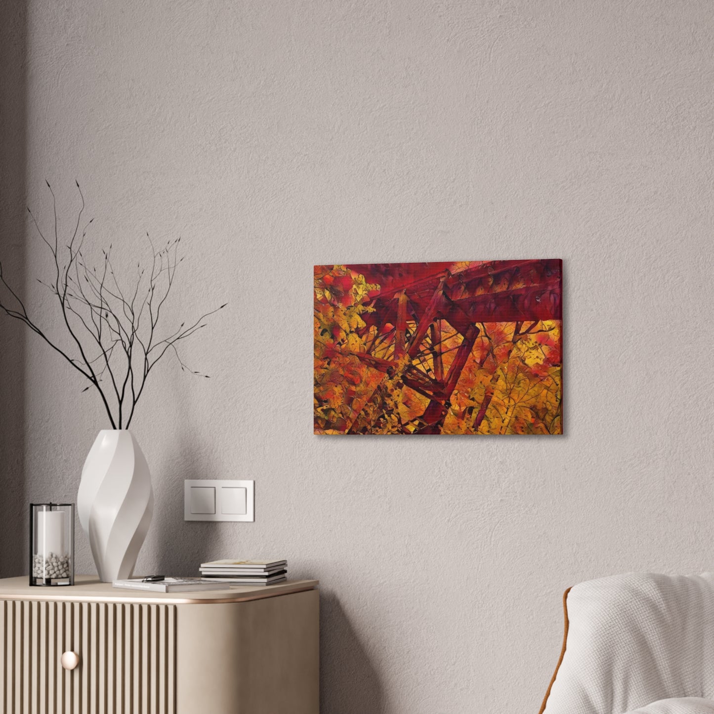 Vibrant Autumn Bridge Landscape Wall Decor