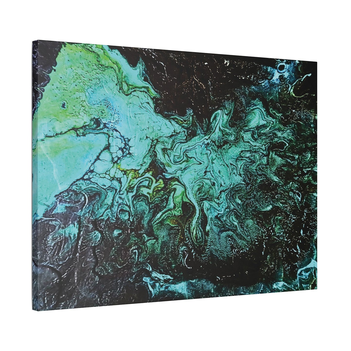 Hand Painted  "Turquoise Inception" Print Marble Abstract Satin Canvas Stretched | Fluid Art Wall Decor