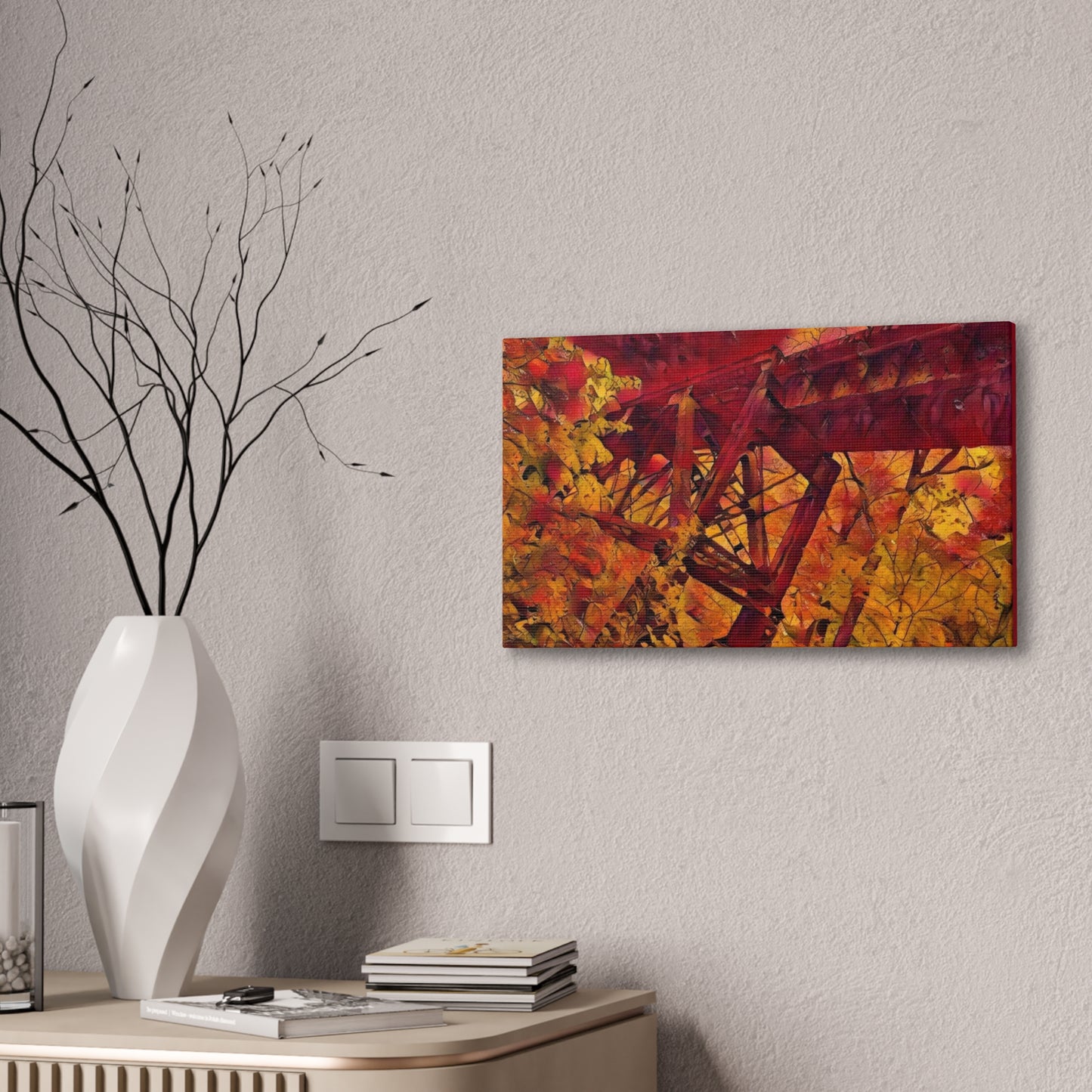 Vibrant Autumn Bridge Landscape Wall Decor