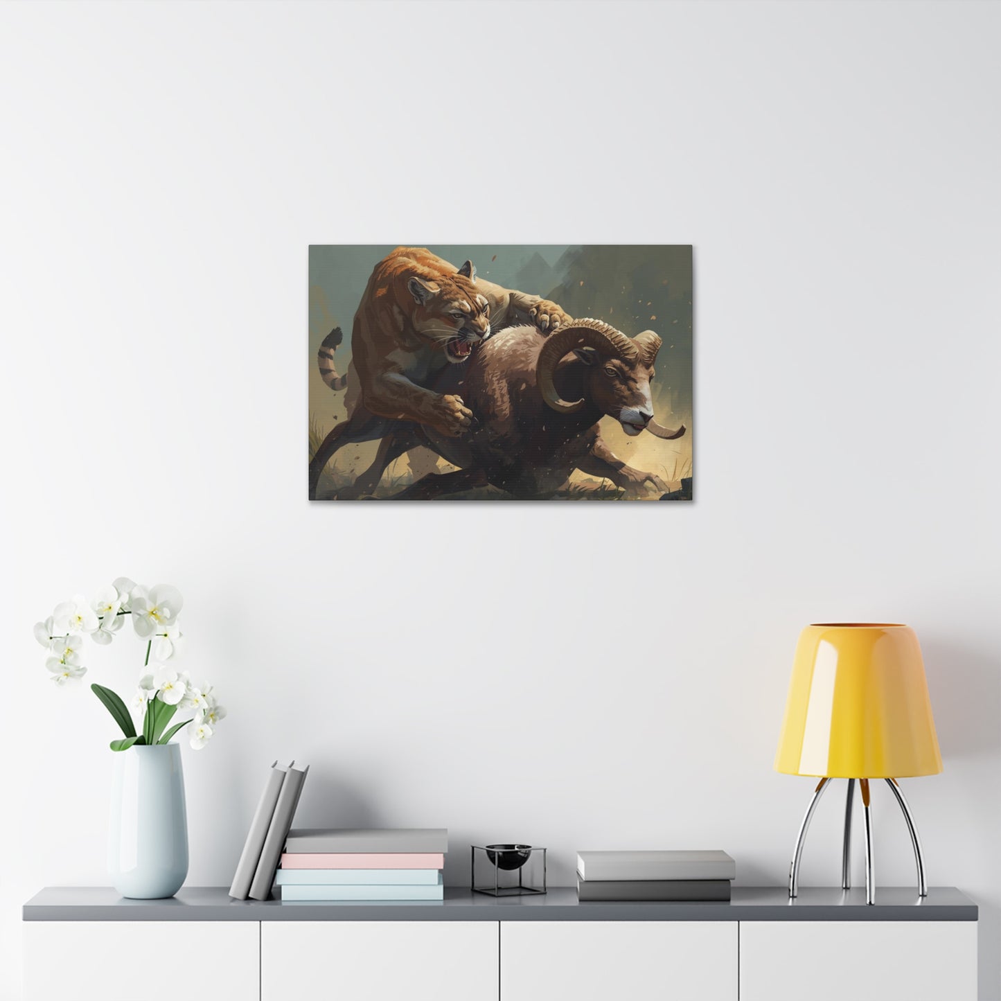 Canvas Art: Wildlife Mountain Lion vs Ram