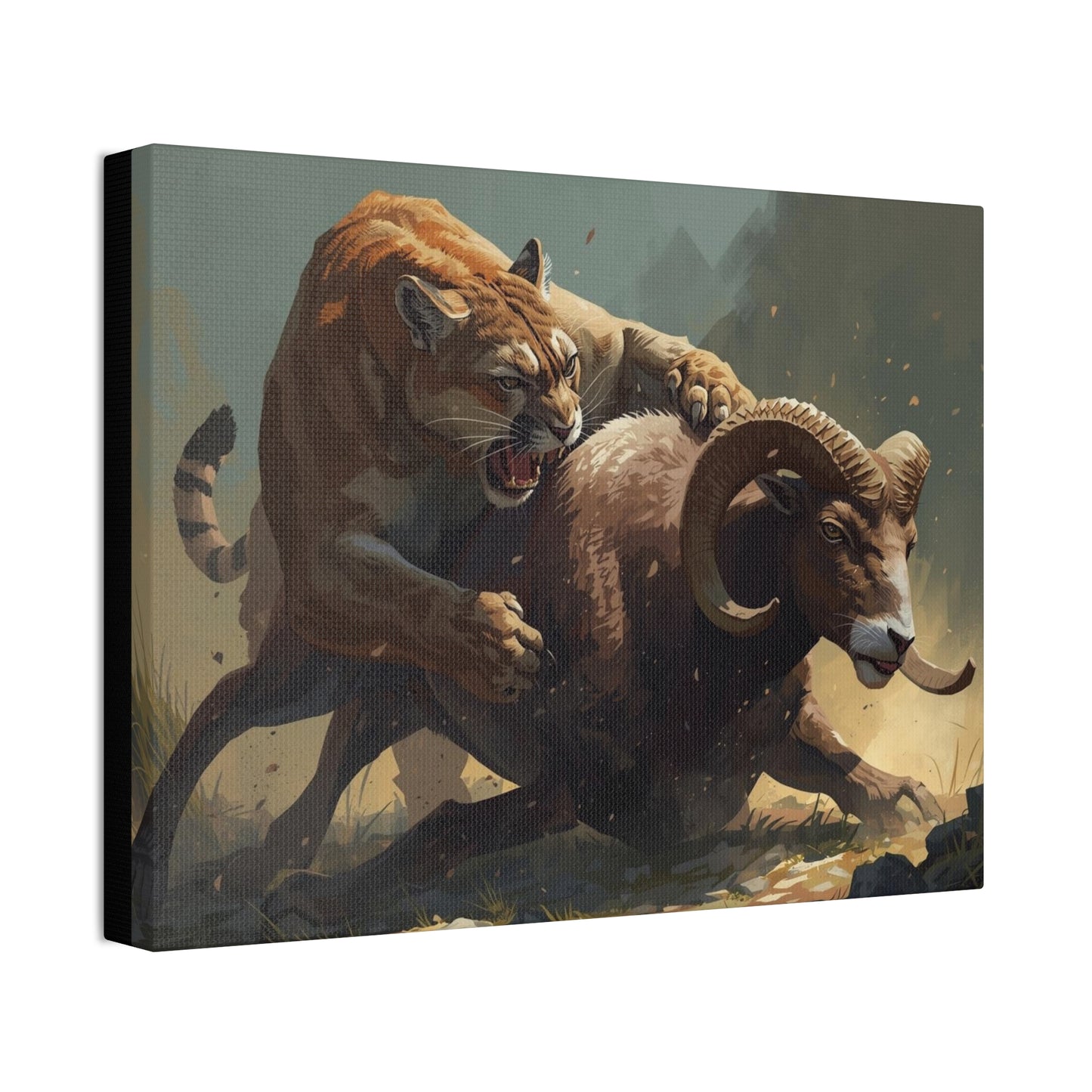 Canvas Art: Wildlife Mountain Lion vs Ram