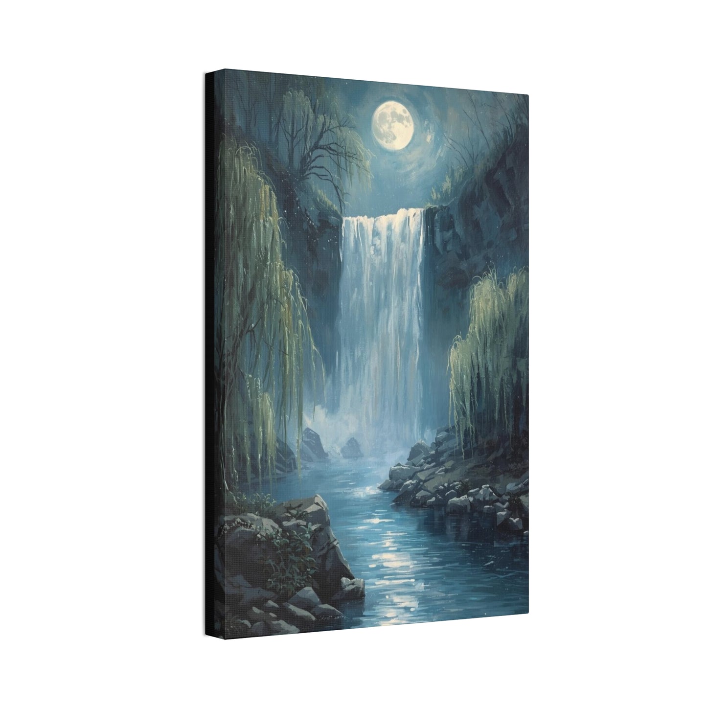 Moonlit Waterfall Canvas Art Print, Tranquil Wall Decor, Nature Landscape, Home Office Decoration, Gift for Nature Lovers, Serene Artwork