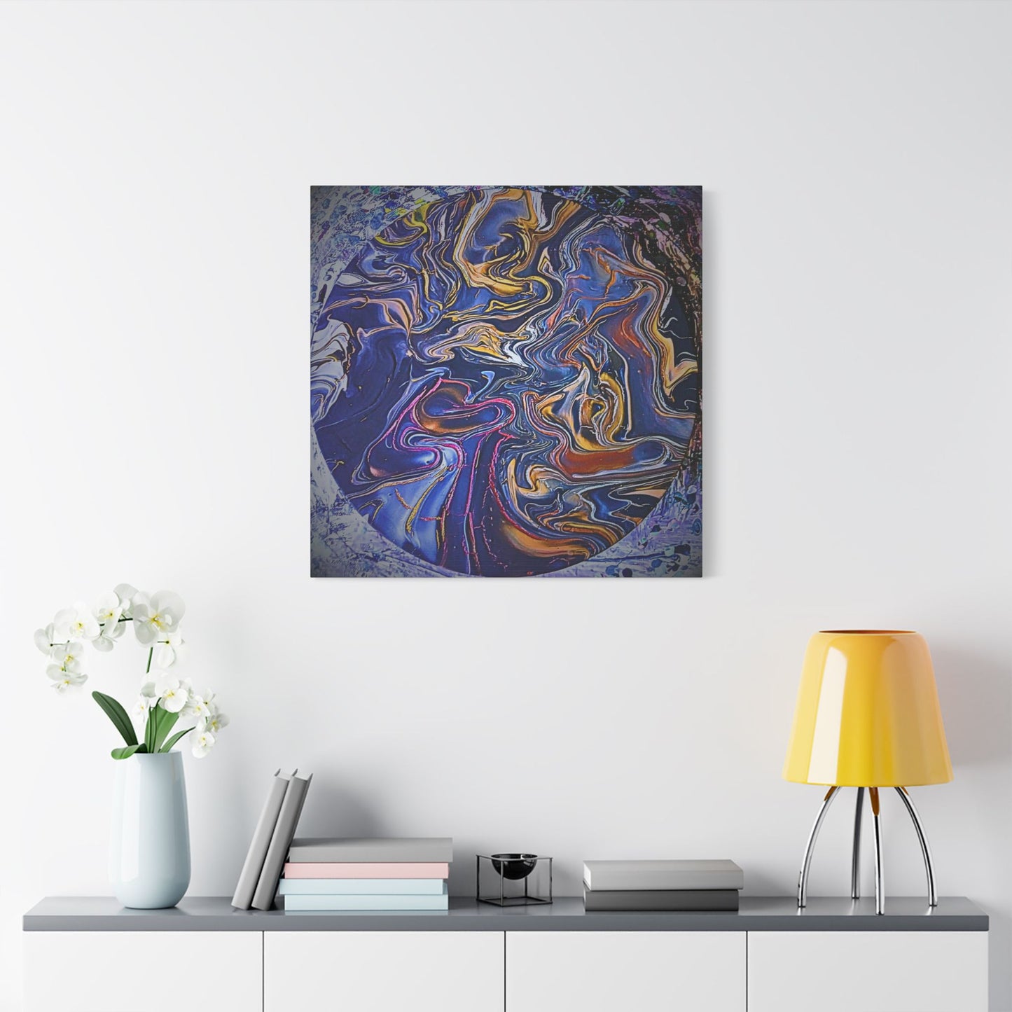 Abstract Blue Gold Swirl Satin Canvas Stretched Print | Fluid Art Wall Decor