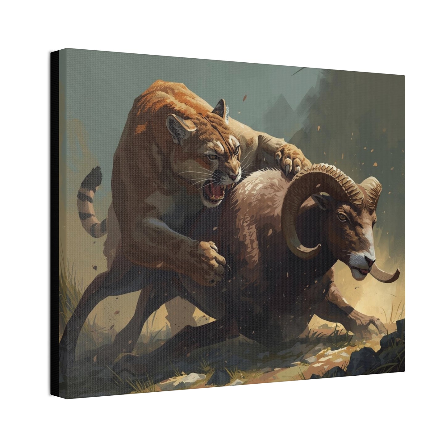 Canvas Art: Wildlife Mountain Lion vs Ram