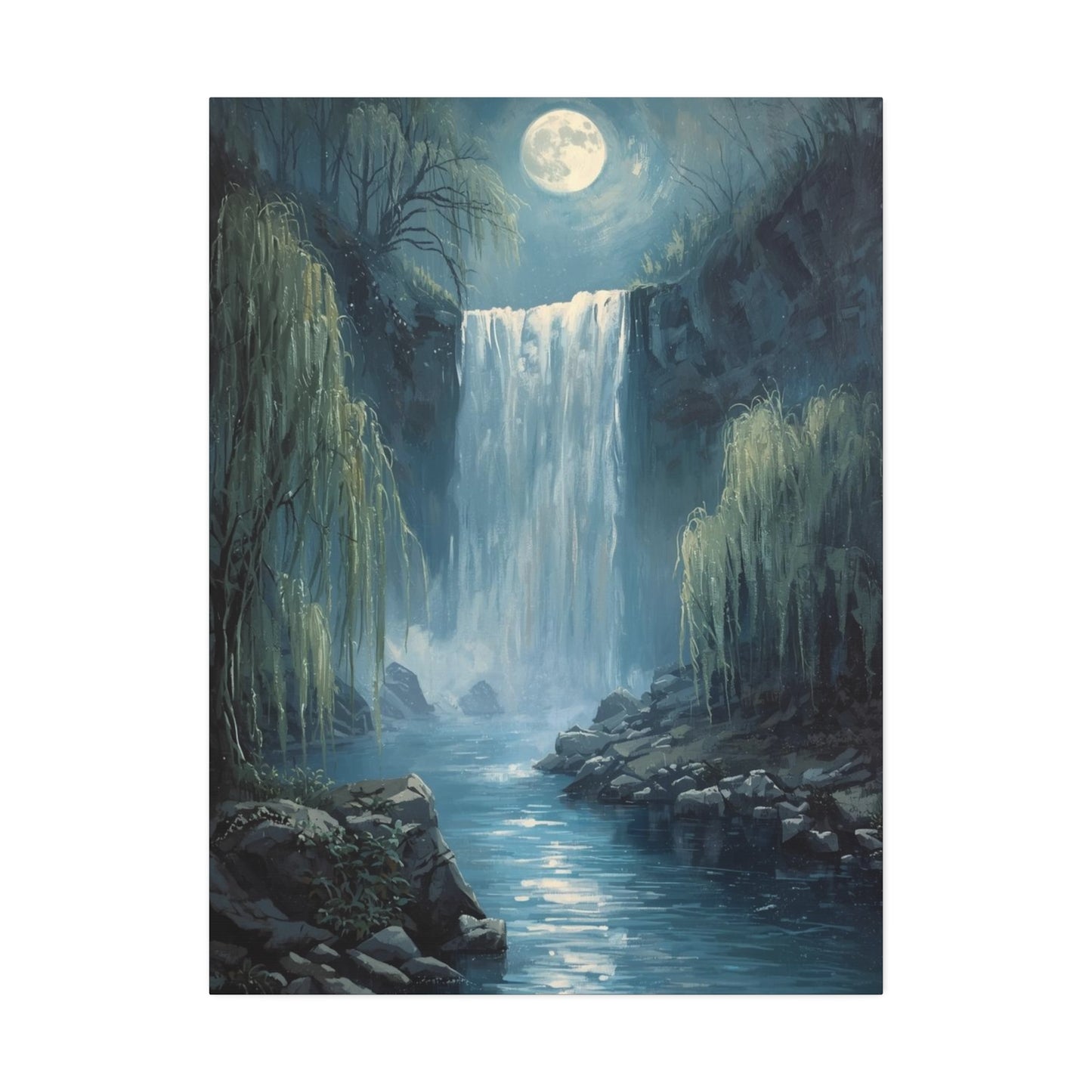 Moonlit Waterfall Canvas Art Print, Tranquil Wall Decor, Nature Landscape, Home Office Decoration, Gift for Nature Lovers, Serene Artwork