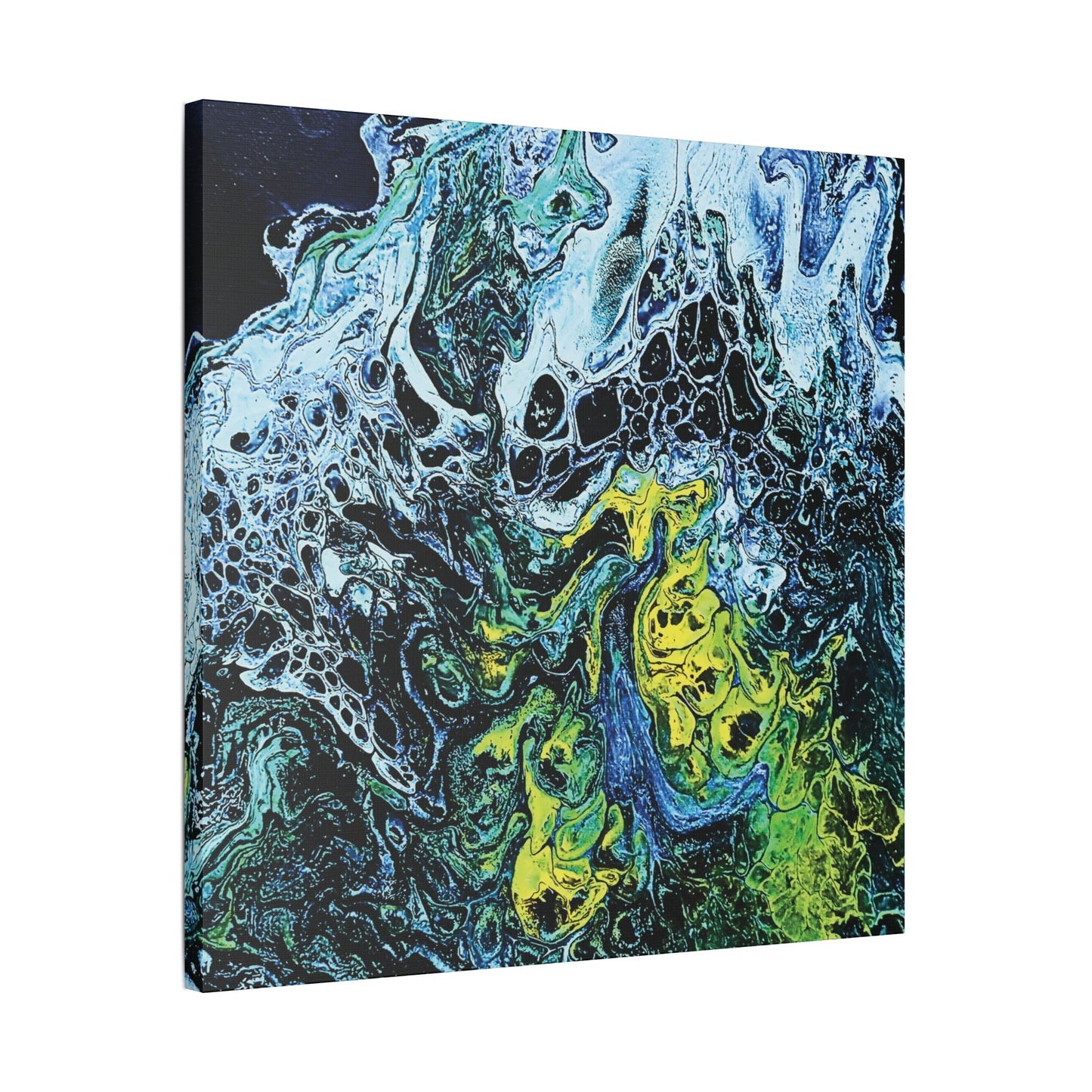 Hand Painted Abstract Ocean Fluid Art Print Satin Canvas Stretched | Blue Green Yellow