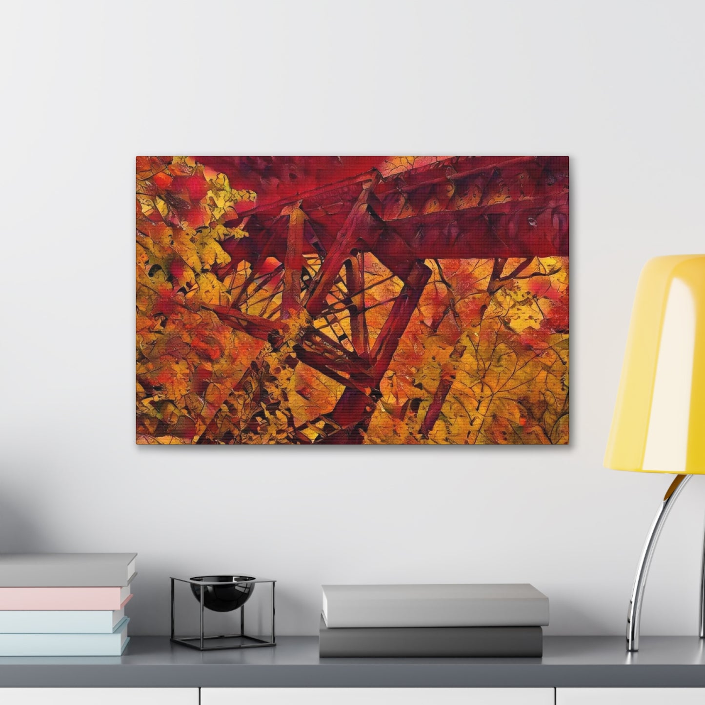 Vibrant Autumn Bridge Landscape Wall Decor