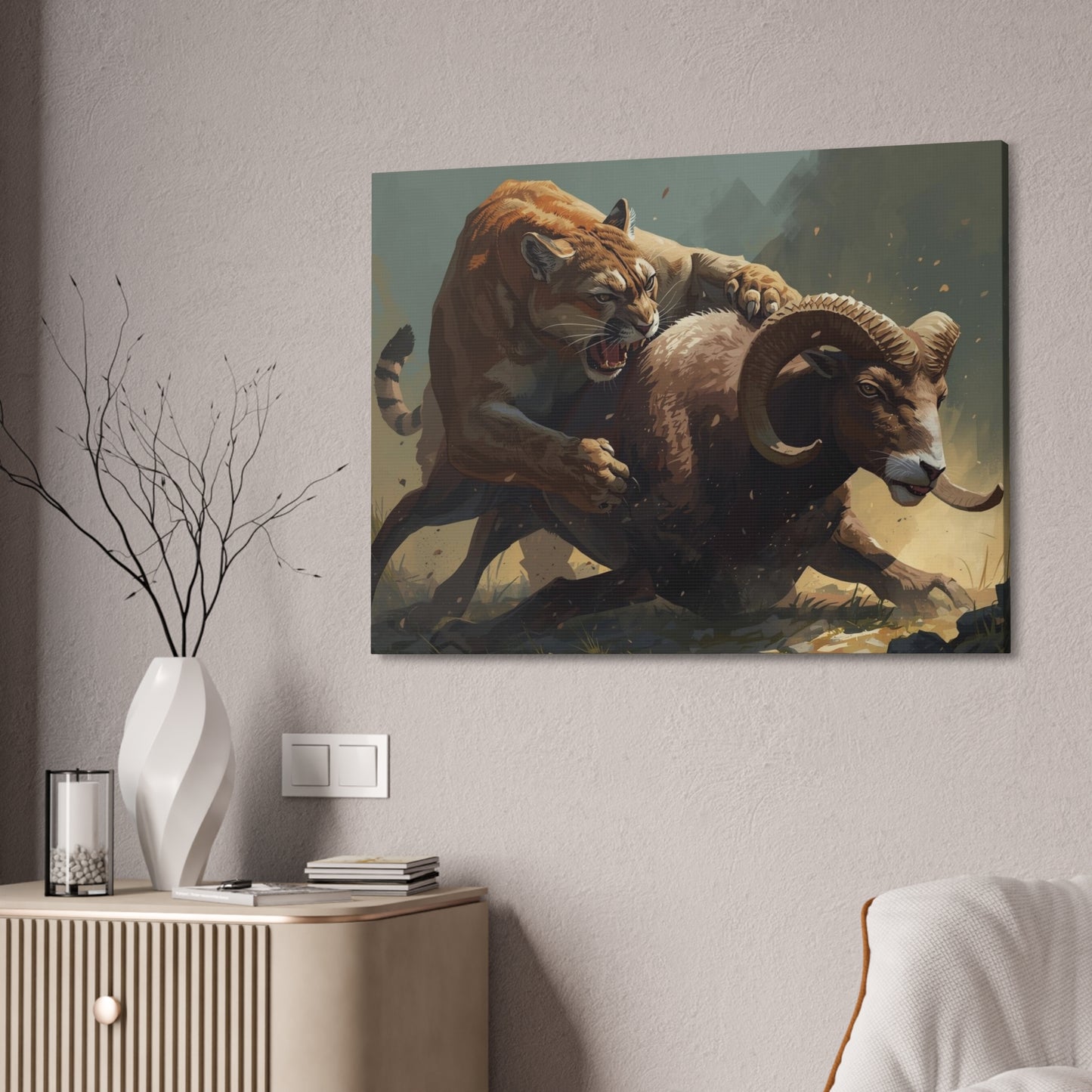 Canvas Art: Wildlife Mountain Lion vs Ram