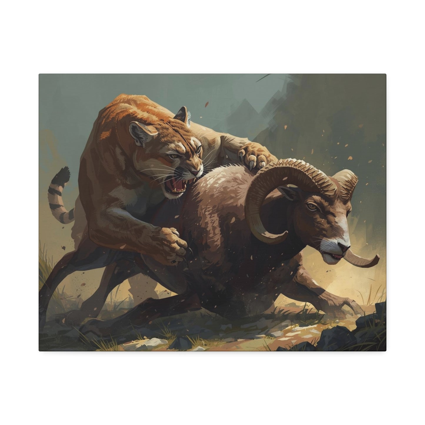 Canvas Art: Wildlife Mountain Lion vs Ram