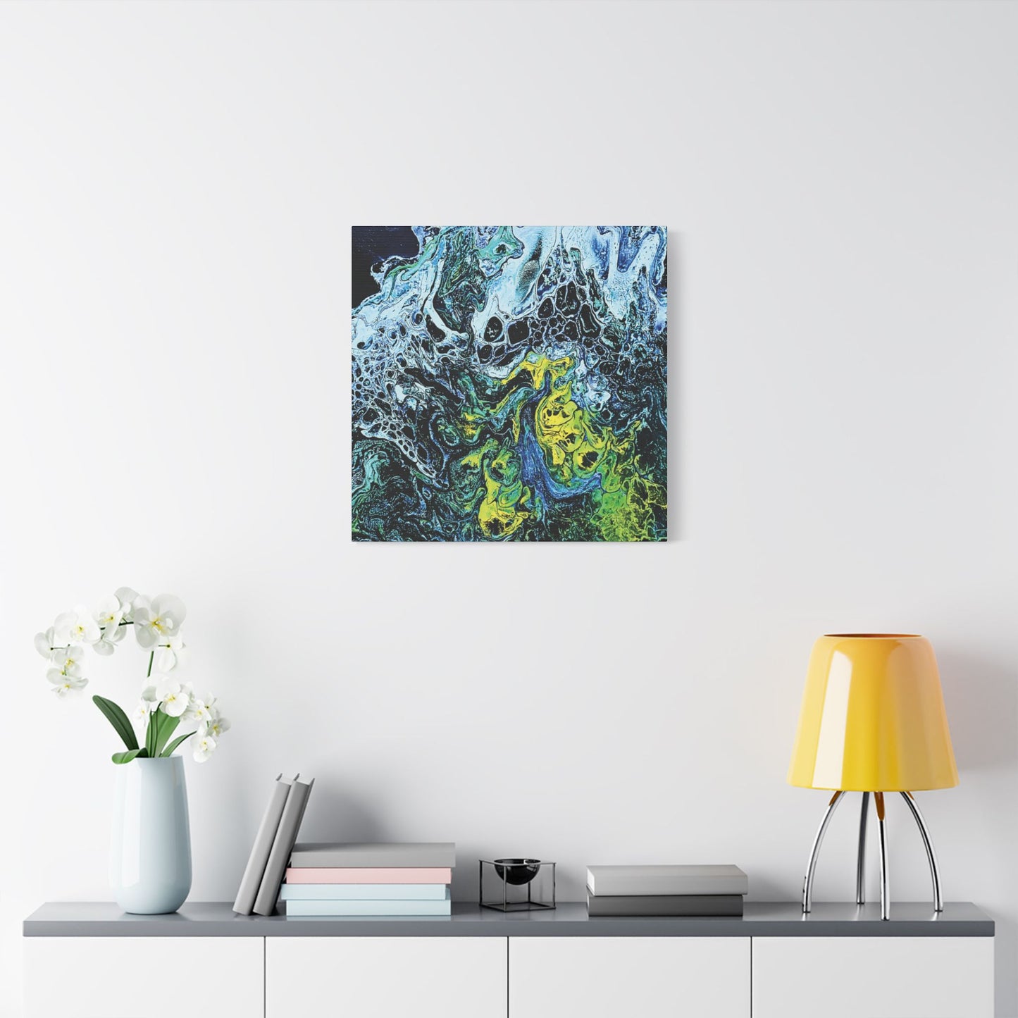Hand Painted Abstract Ocean Fluid Art Print Satin Canvas Stretched | Blue Green Yellow