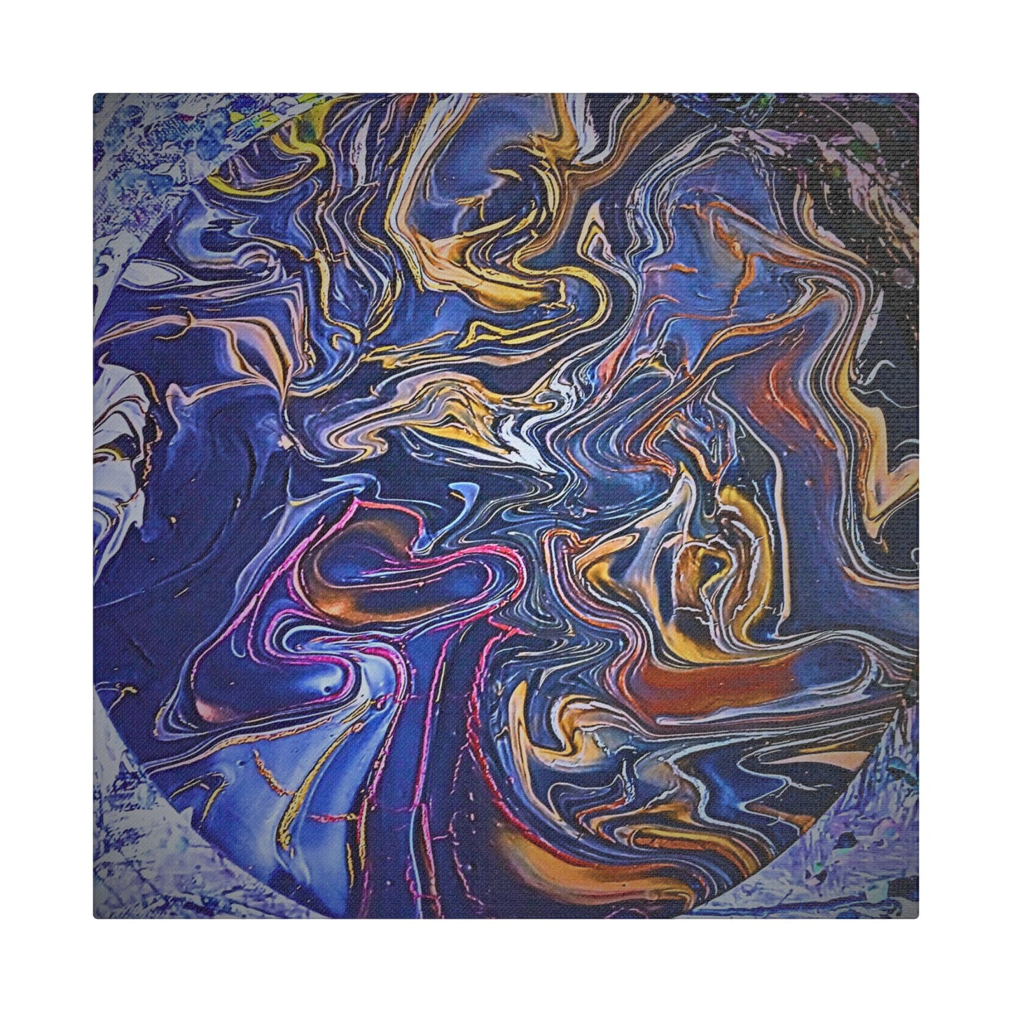 Abstract Blue Gold Swirl Satin Canvas Stretched Print | Fluid Art Wall Decor