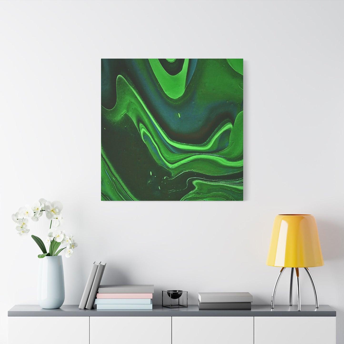 Hand Painted Abstract Green Fluid Art Satin Stretched Canvas Wall Art Print