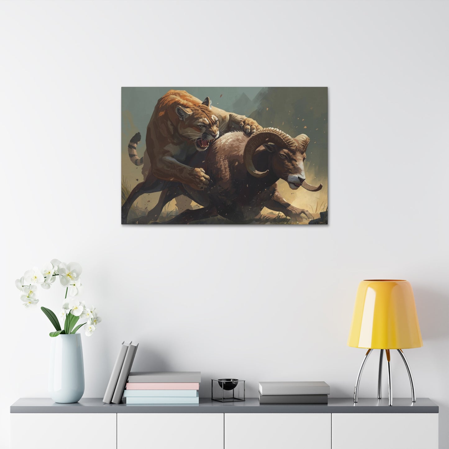 Canvas Art: Wildlife Mountain Lion vs Ram