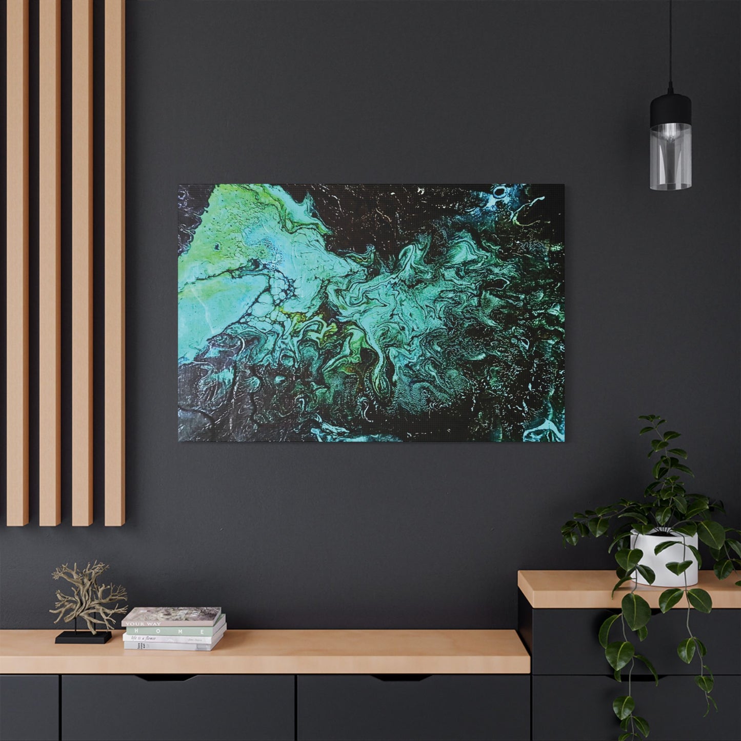 Hand Painted  "Turquoise Inception" Print Marble Abstract Satin Canvas Stretched | Fluid Art Wall Decor