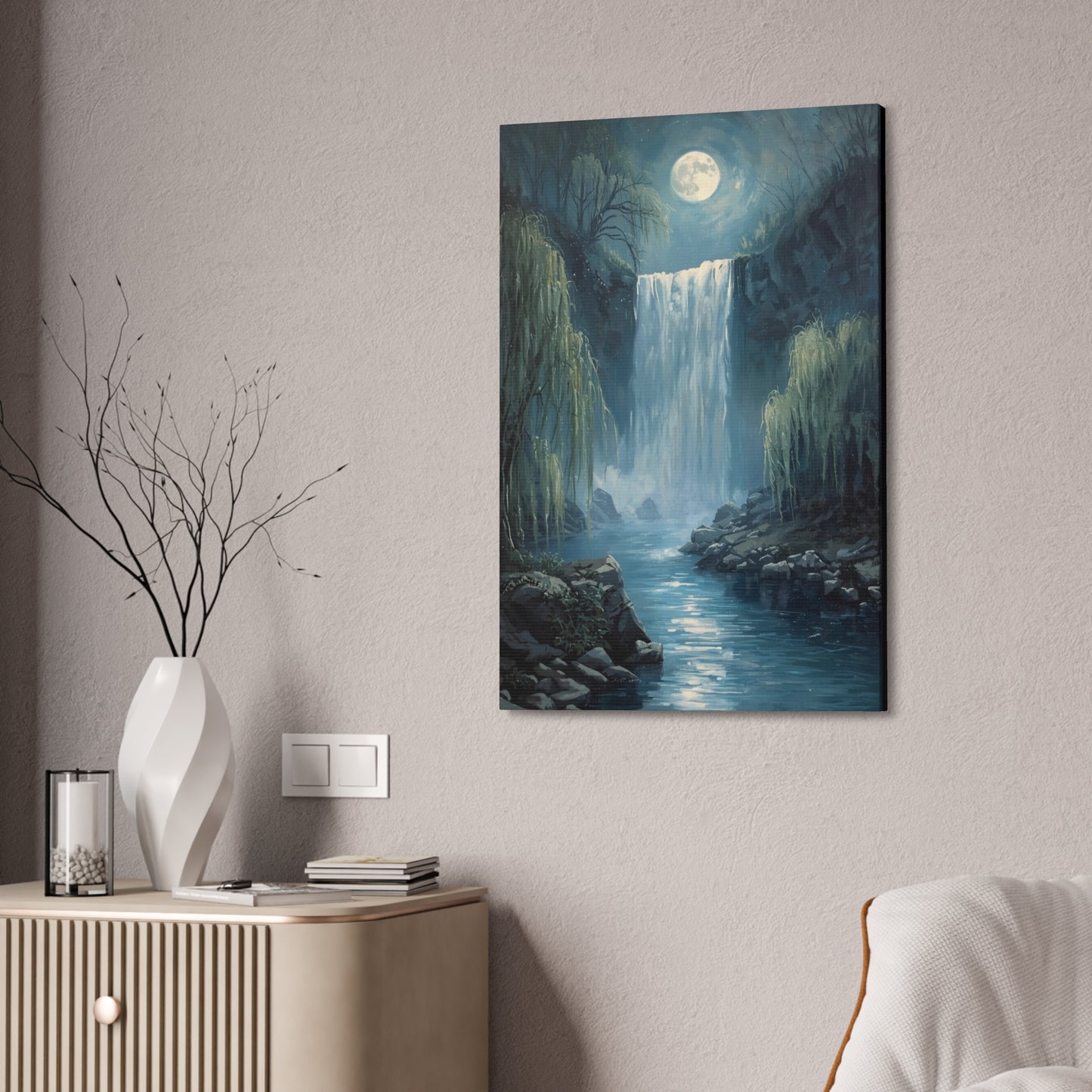 Moonlit Waterfall Canvas Art Print, Tranquil Wall Decor, Nature Landscape, Home Office Decoration, Gift for Nature Lovers, Serene Artwork