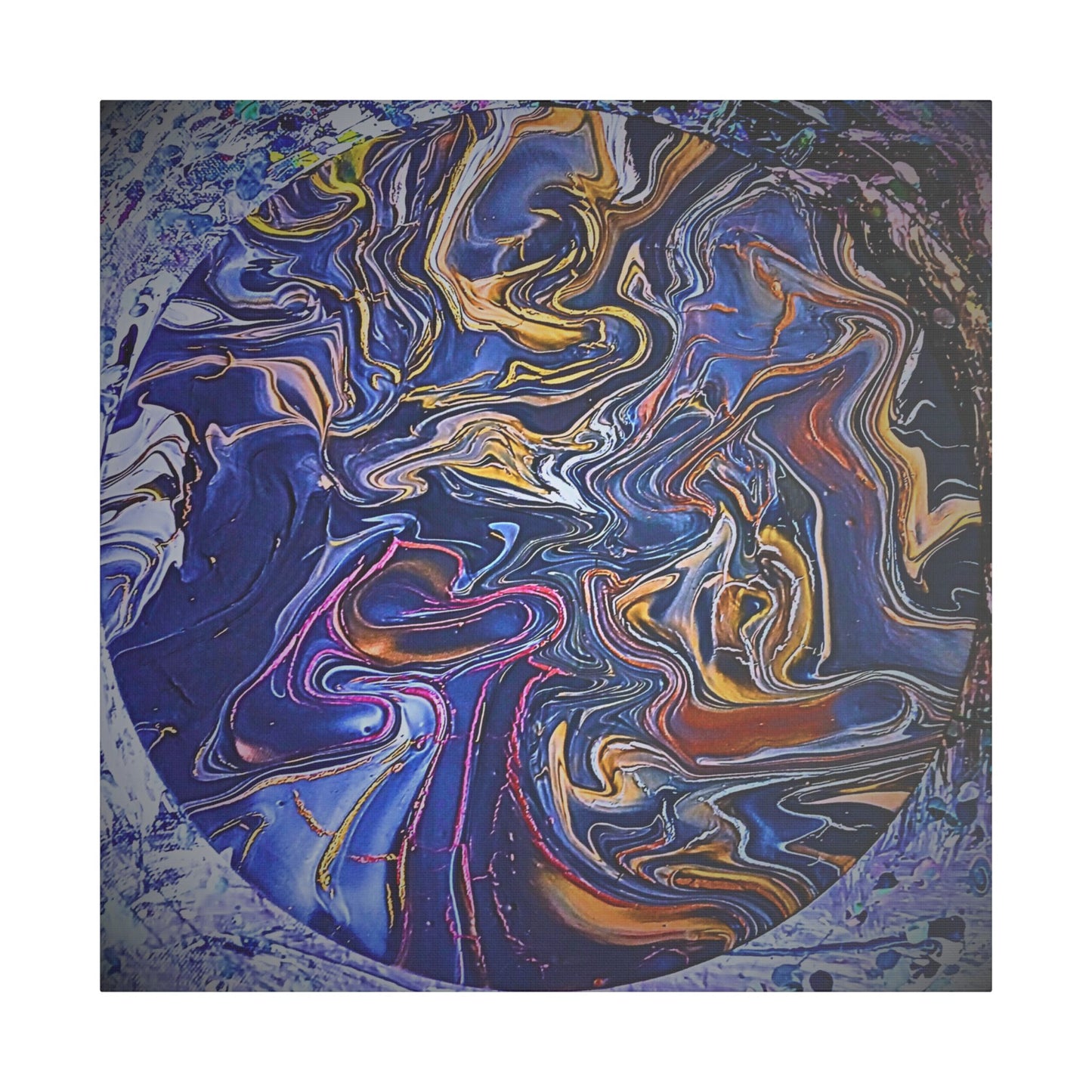 Abstract Blue Gold Swirl Satin Canvas Stretched Print | Fluid Art Wall Decor