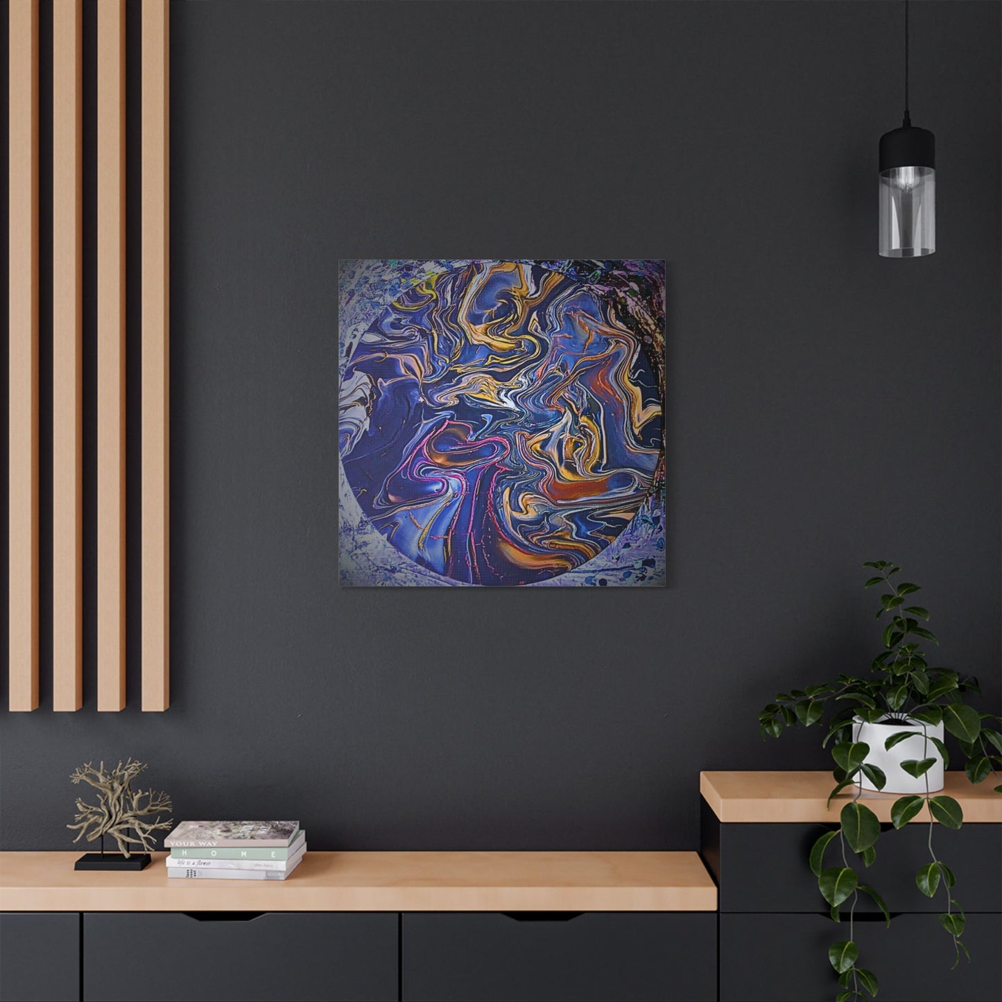 Abstract Blue Gold Swirl Satin Canvas Stretched Print | Fluid Art Wall Decor