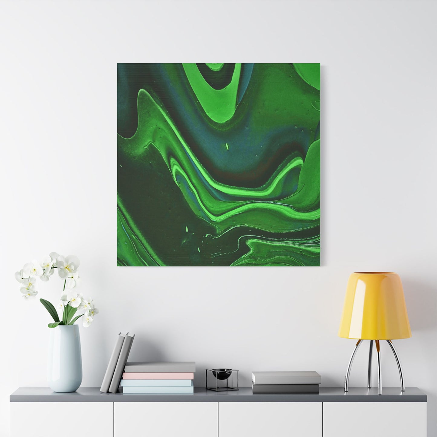 Hand Painted Abstract Green Fluid Art Satin Stretched Canvas Wall Art Print
