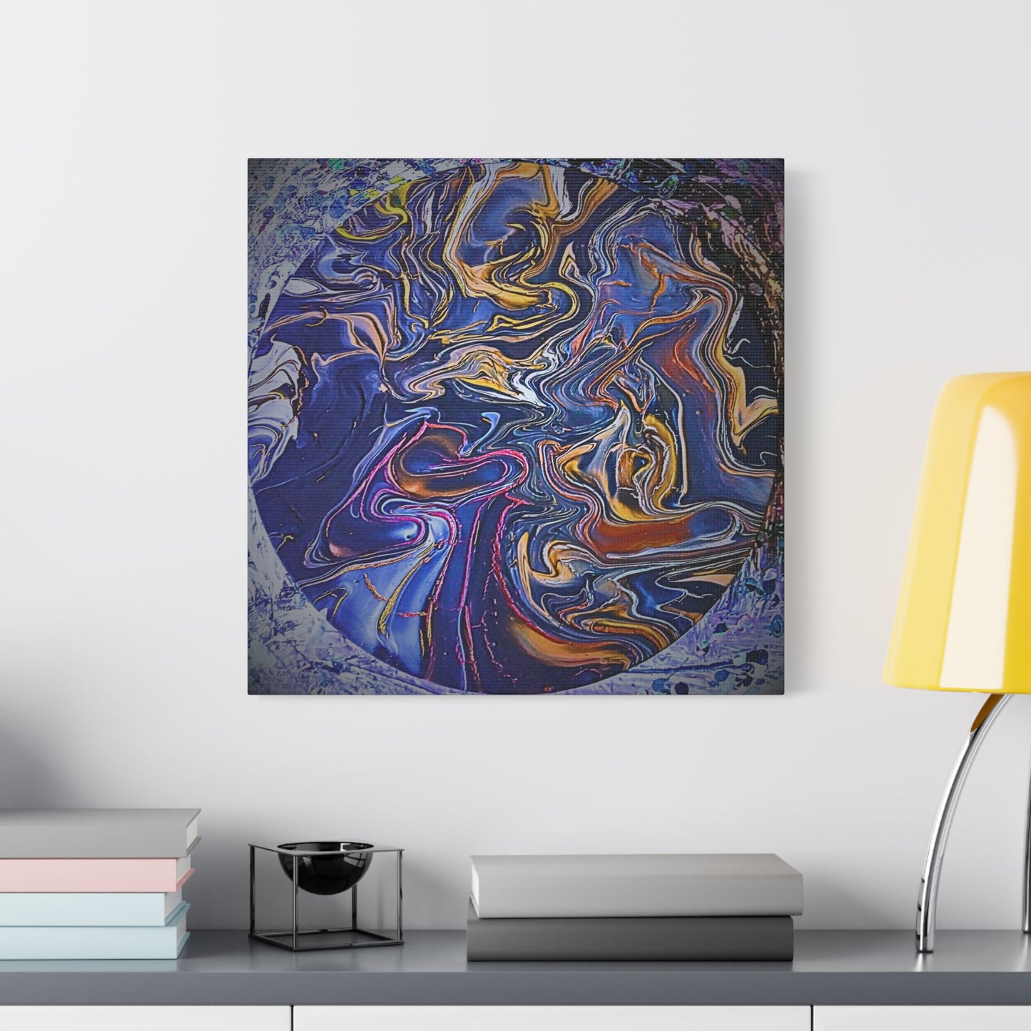 Abstract Blue Gold Swirl Satin Canvas Stretched Print | Fluid Art Wall Decor