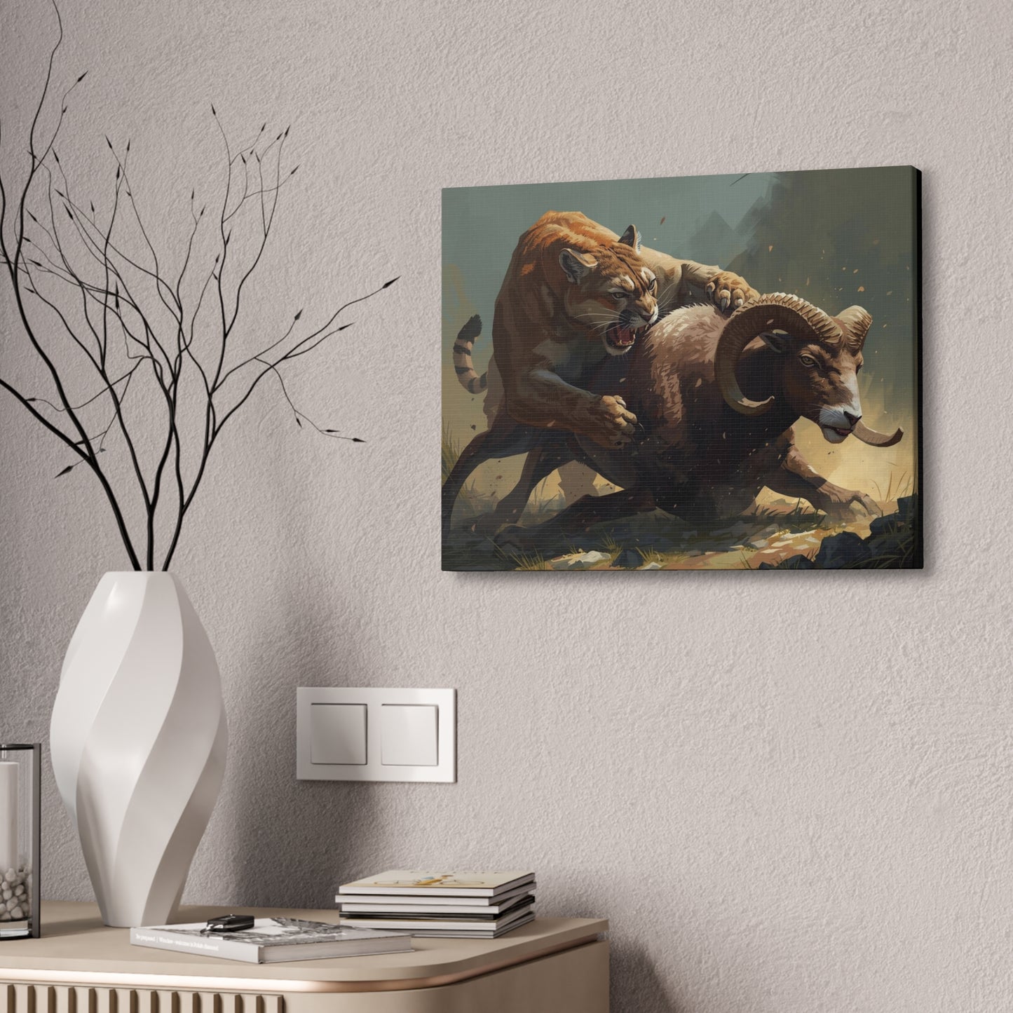 Canvas Art: Wildlife Mountain Lion vs Ram