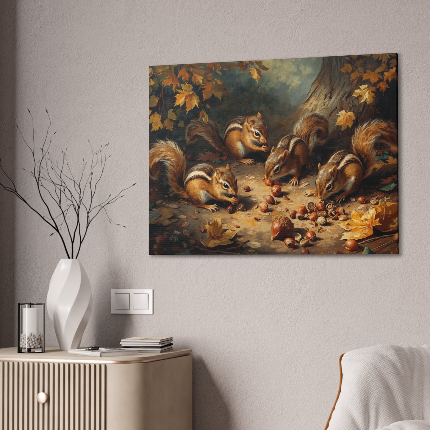 Canvas Wall Art, Chipmunks Gathering Acorns