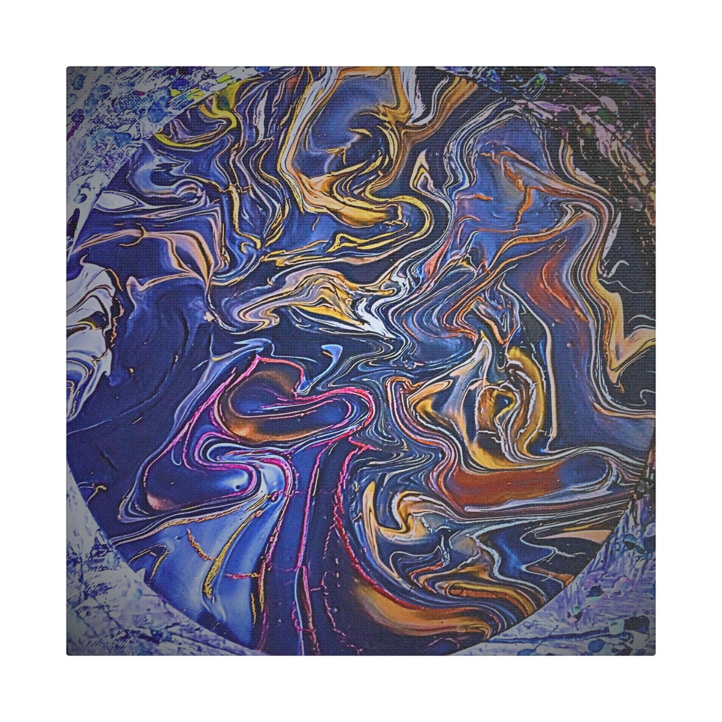 Abstract Blue Gold Swirl Satin Canvas Stretched Print | Fluid Art Wall Decor