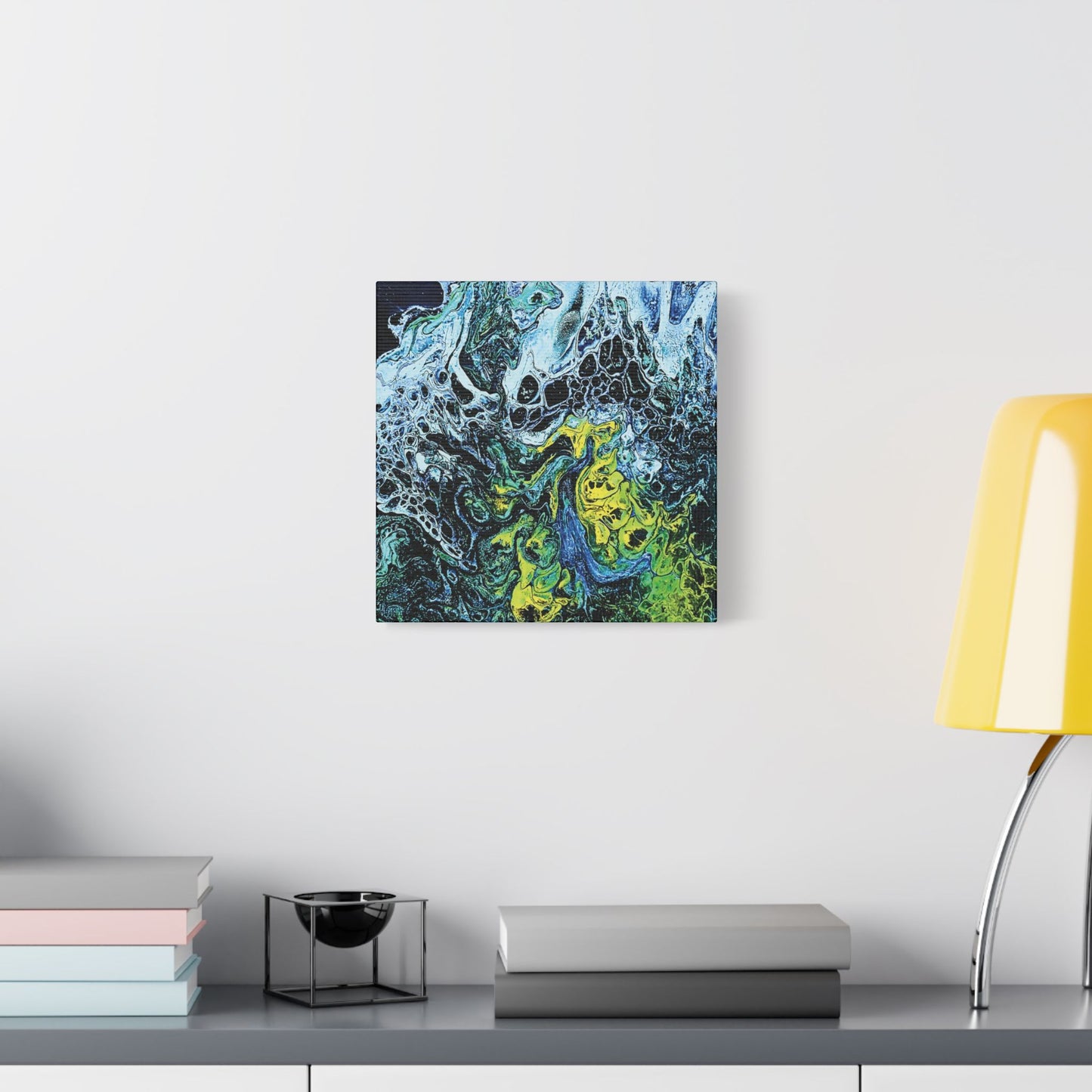 Hand Painted Abstract Ocean Fluid Art Print Satin Canvas Stretched | Blue Green Yellow