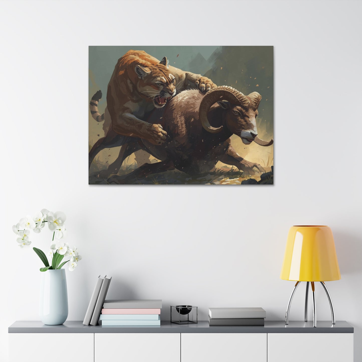 Canvas Art: Wildlife Mountain Lion vs Ram
