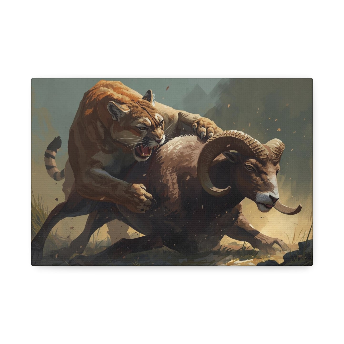 Canvas Art: Wildlife Mountain Lion vs Ram