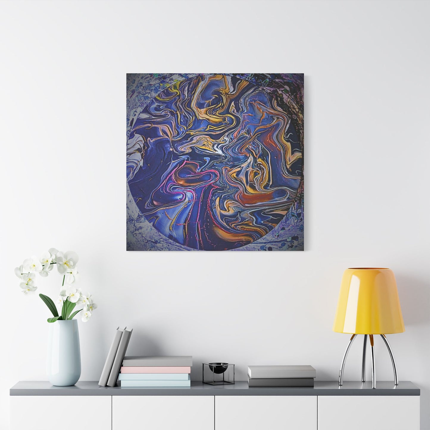 Abstract Blue Gold Swirl Satin Canvas Stretched Print | Fluid Art Wall Decor
