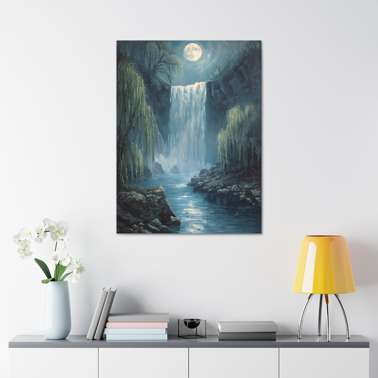 Moonlit Waterfall Canvas Art Print, Tranquil Wall Decor, Nature Landscape, Home Office Decoration, Gift for Nature Lovers, Serene Artwork