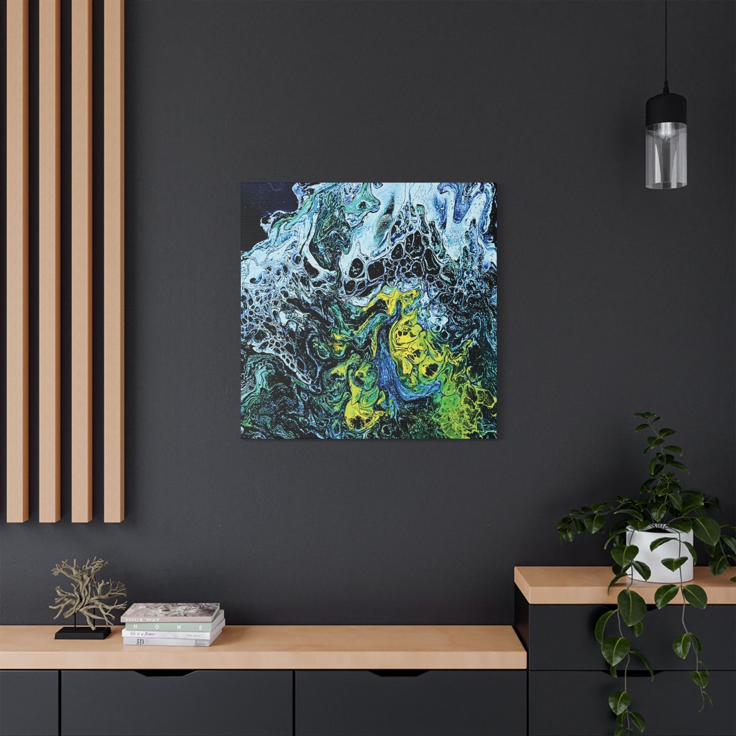 Hand Painted Abstract Ocean Fluid Art Print Satin Canvas Stretched | Blue Green Yellow