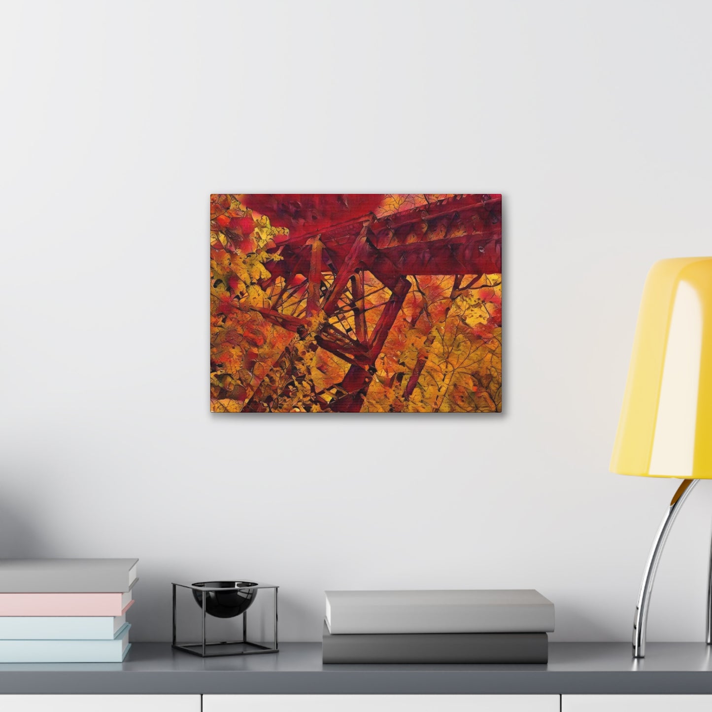 Vibrant Autumn Bridge Landscape Wall Decor