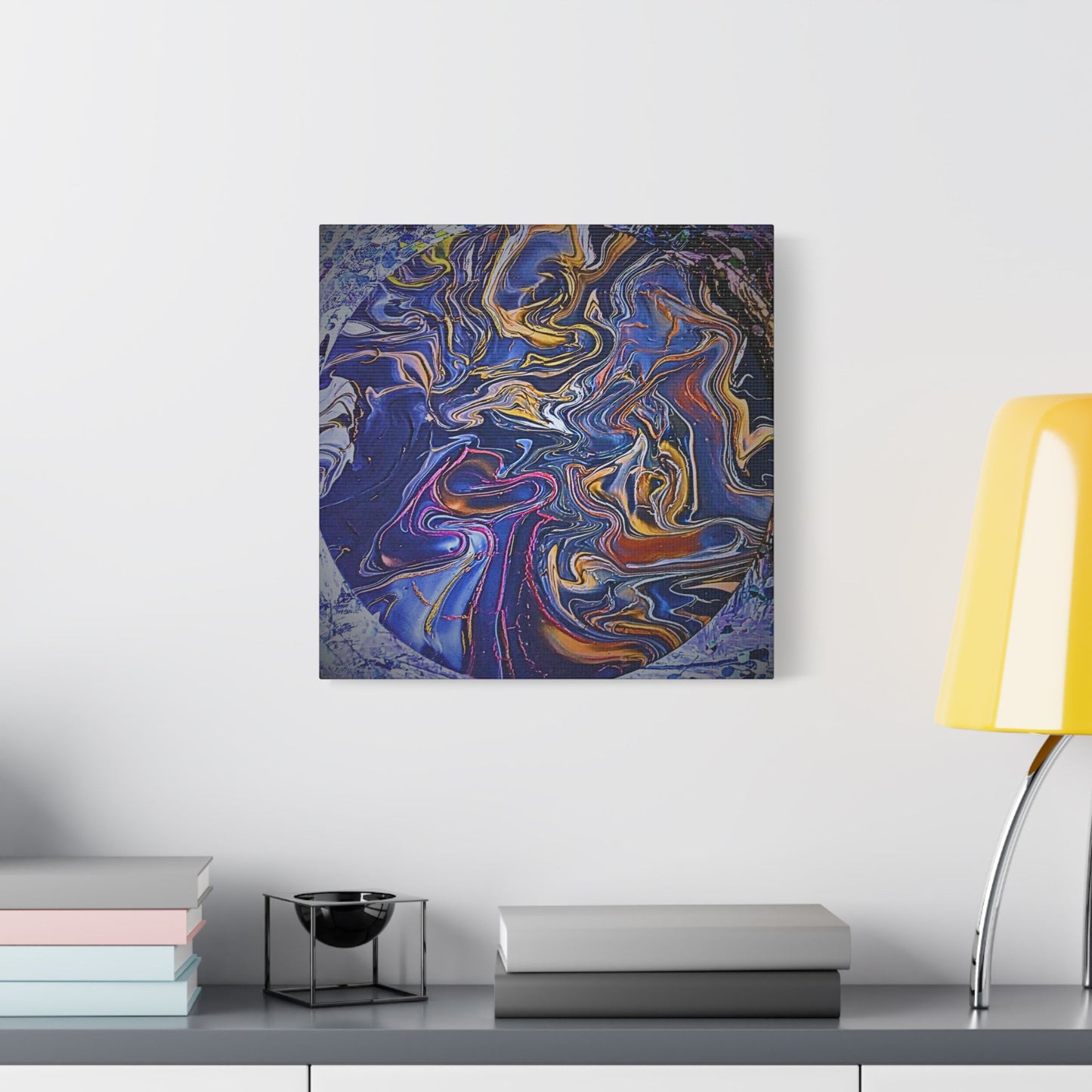 Abstract Blue Gold Swirl Satin Canvas Stretched Print | Fluid Art Wall Decor