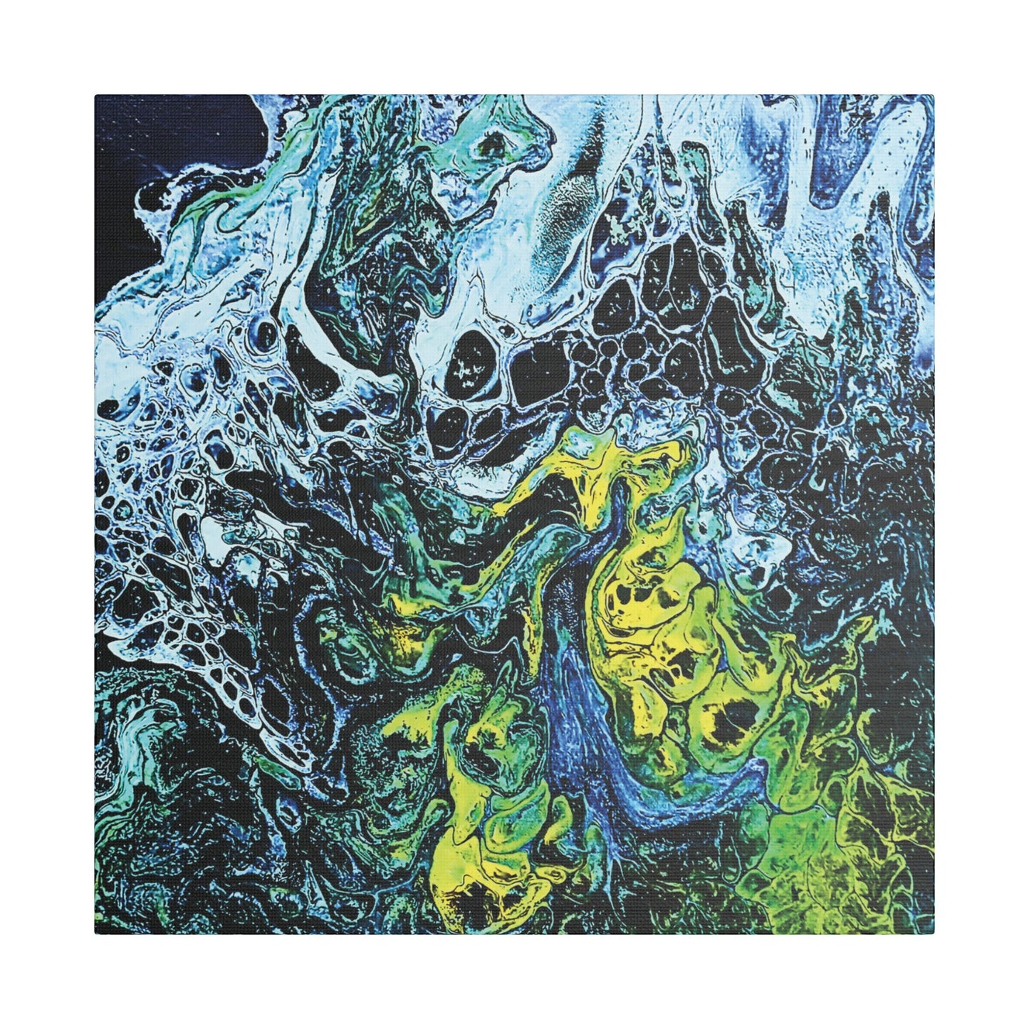 Hand Painted Abstract Ocean Fluid Art Print Satin Canvas Stretched | Blue Green Yellow