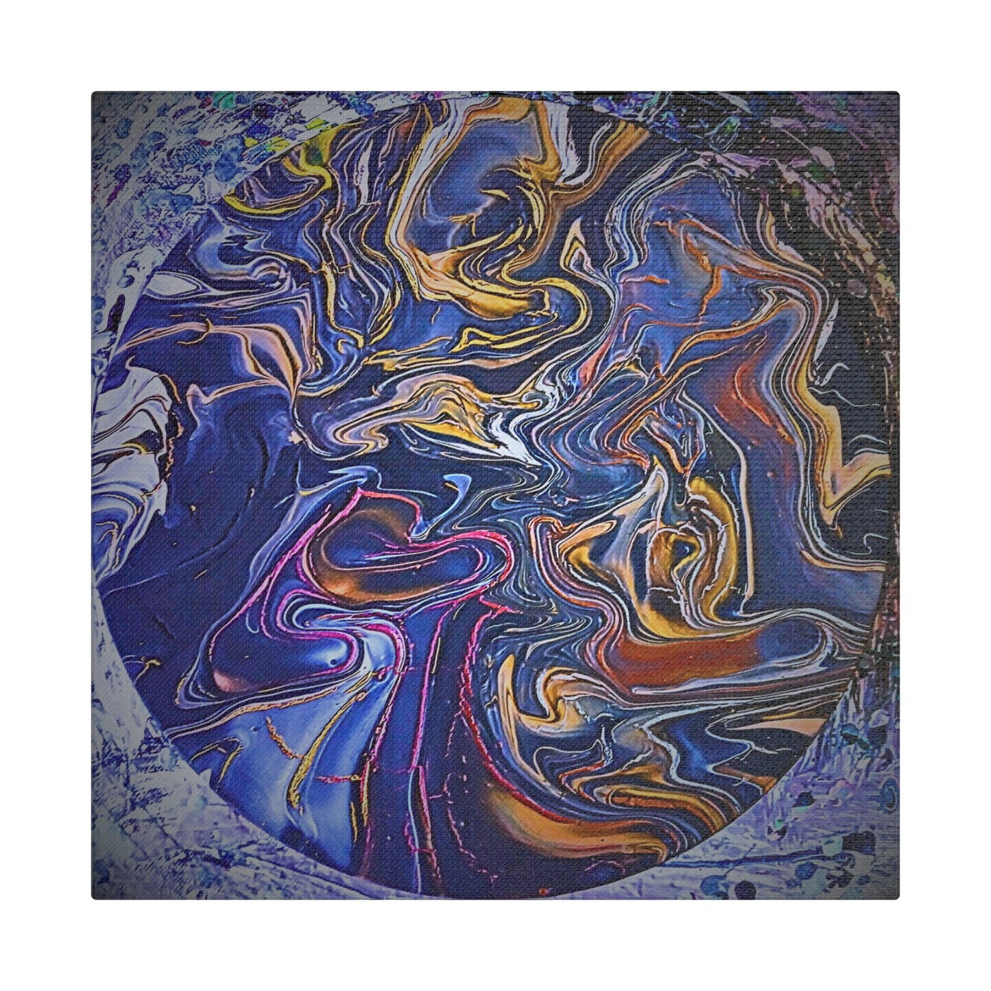 Abstract Blue Gold Swirl Satin Canvas Stretched Print | Fluid Art Wall Decor