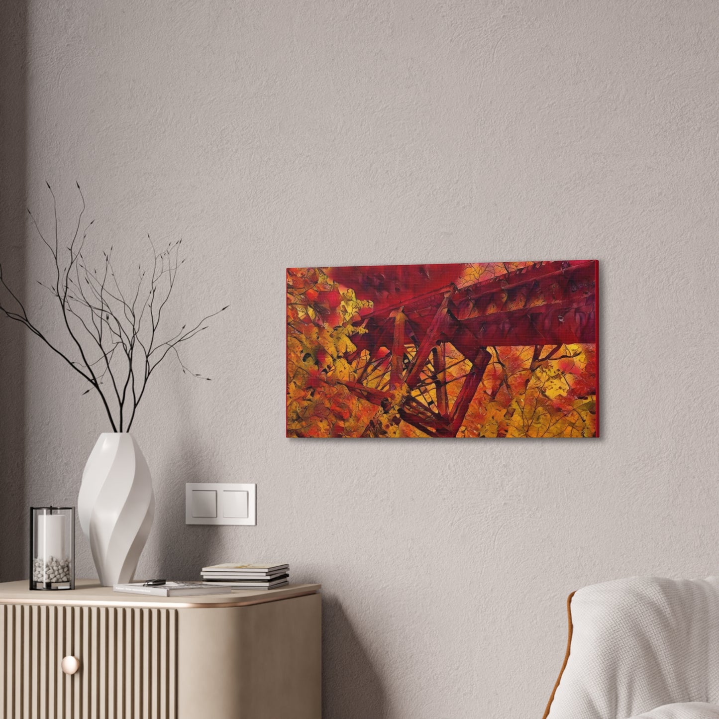 Vibrant Autumn Bridge Landscape Wall Decor