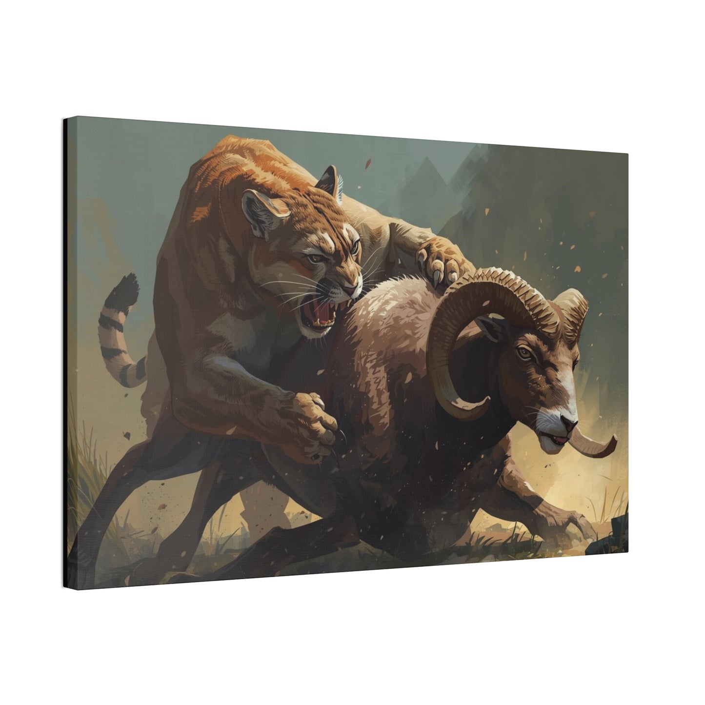 Canvas Art: Wildlife Mountain Lion vs Ram
