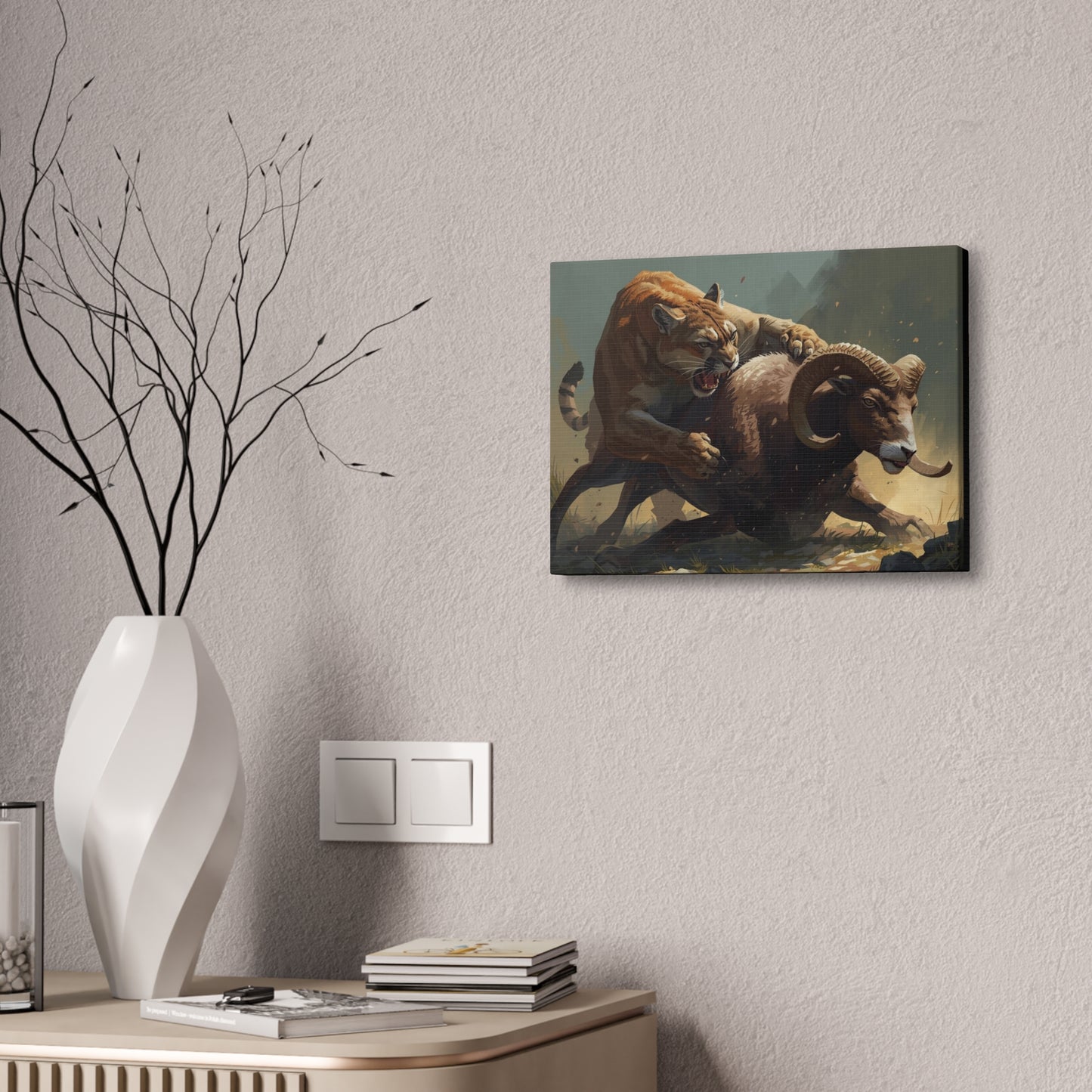 Canvas Art: Wildlife Mountain Lion vs Ram