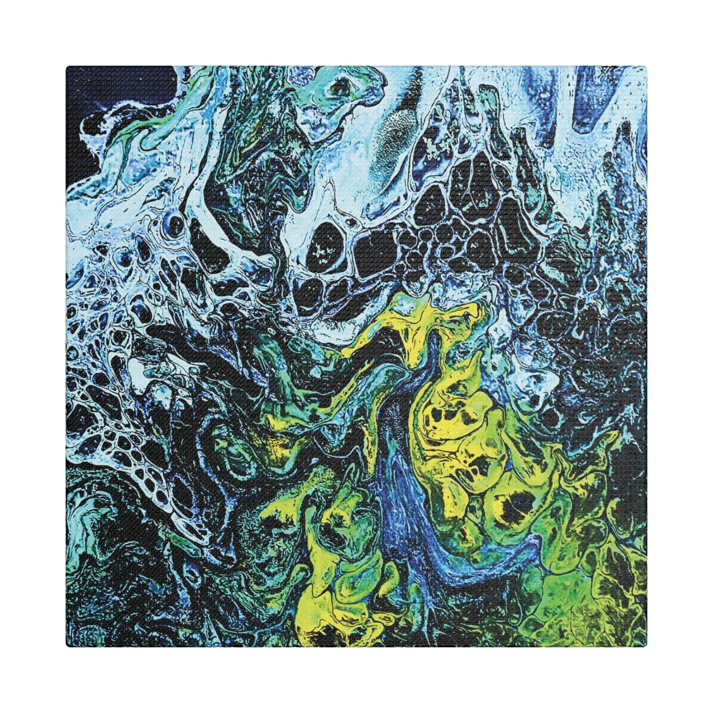 Hand Painted Abstract Ocean Fluid Art Print Satin Canvas Stretched | Blue Green Yellow